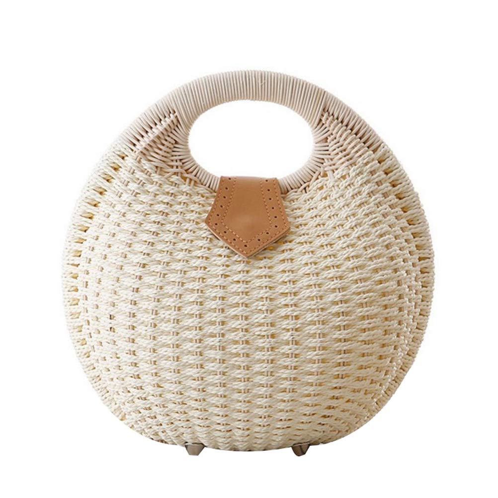 FENICAL Women's Straw Handbag - Rattan Shell Design Top Handle Beach Tote Bag for Summer Vacation, Pool Party & Outdoor Activities (White)