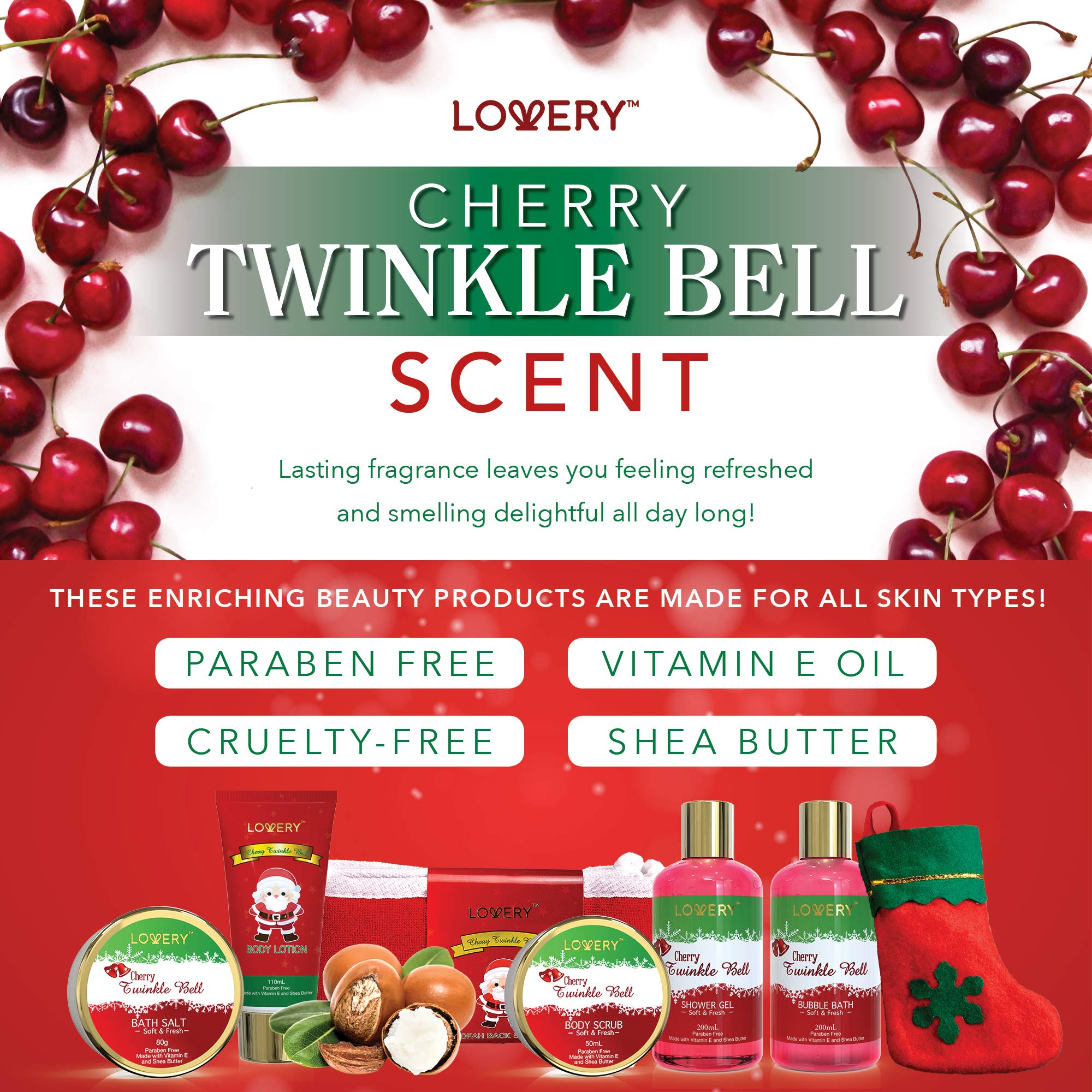 Luxury Cherry Twinkle Bell Christmas Spa Gift Set for Women & Men - Fragrant Body Lotion, Bath Salts, Loofah Scrubber | Perfect Holiday Stocking Stuffer & Relaxing Home Spa Experience