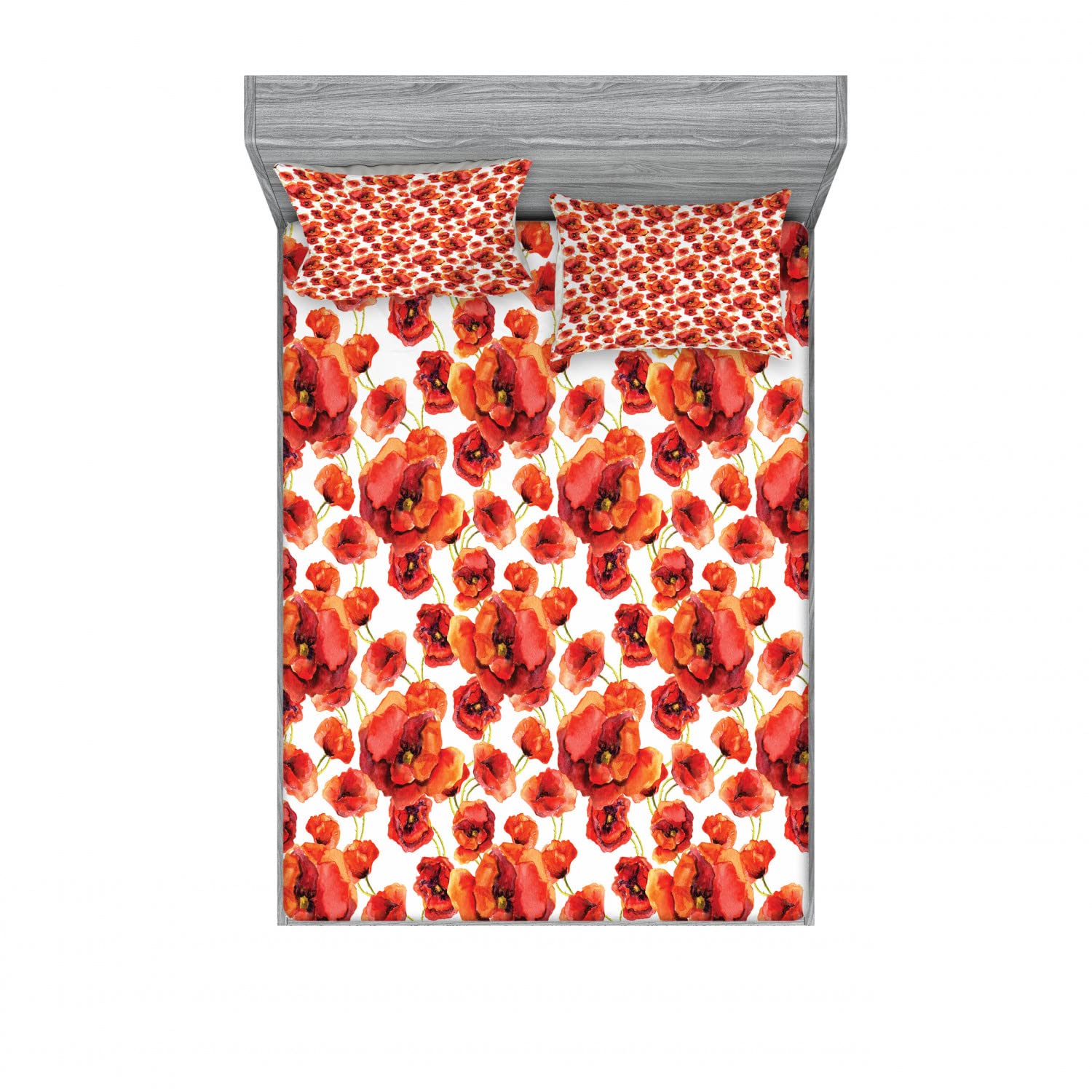 Ambesonne Floral 2-Pack Queen Size Fitted Sheet & Pillow Sham Set - Red Poppy Flowers Design, 4-Piece Bedding Decor (2 Fitted Sheets + 4 Pillow Covers) - Red and White Cotton Blend for Cozy Bedroom, Guest Room & Dorm Decor