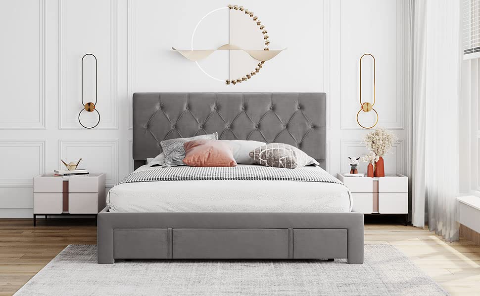 Queen Size Velvet Upholstered Storage Platform Bed with Large Drawer - Modern Bed Frame for Teens & Adults (Grey) | Perfect for Small Bedrooms, Dorms & Guest Rooms