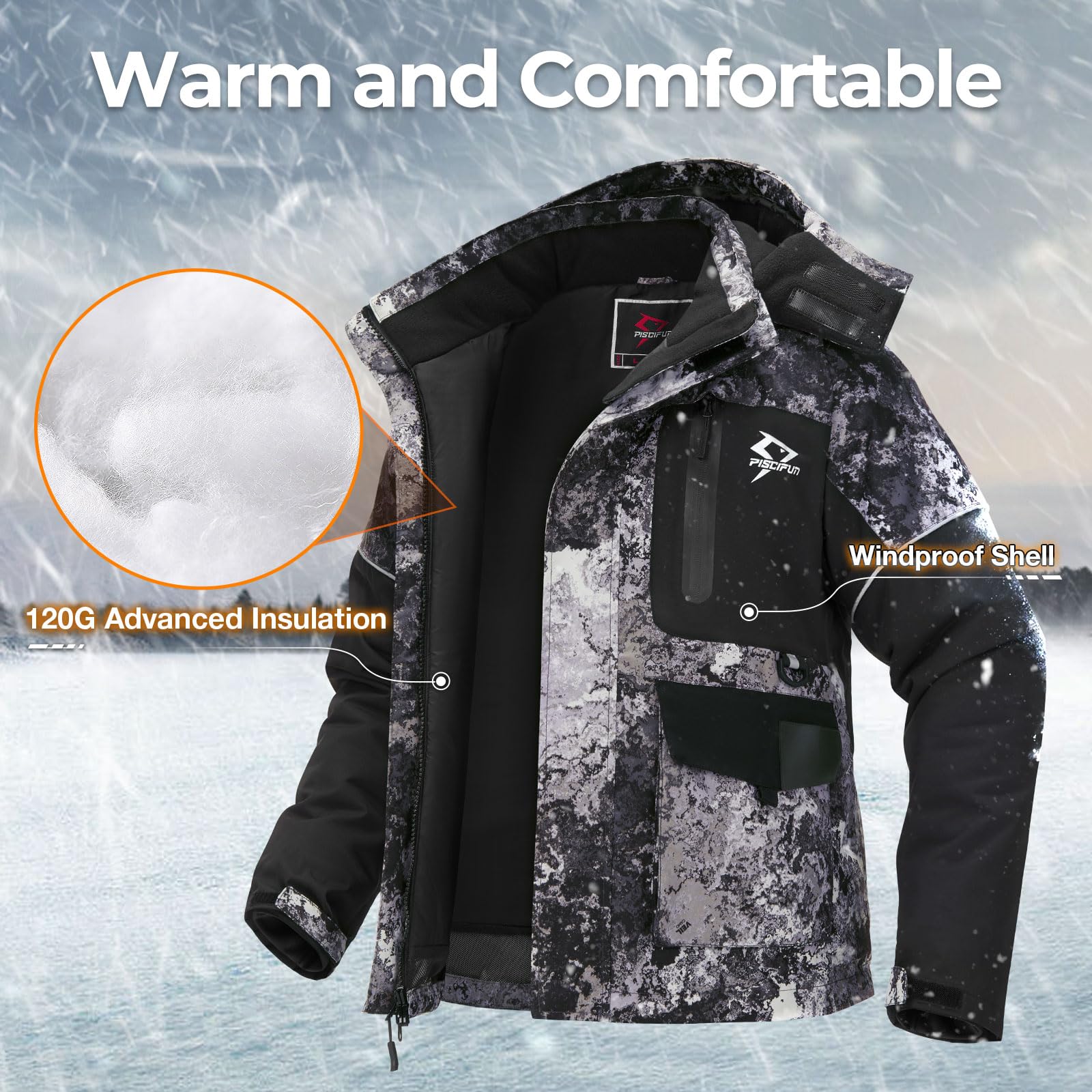 Piscifun Men's Ice Fishing Jacket - Waterproof & Floating Winter Coat with Insulation for Extreme Cold Weather - Ideal for Ice Fishing, Snowmobiling & Winter Outdoor Activities