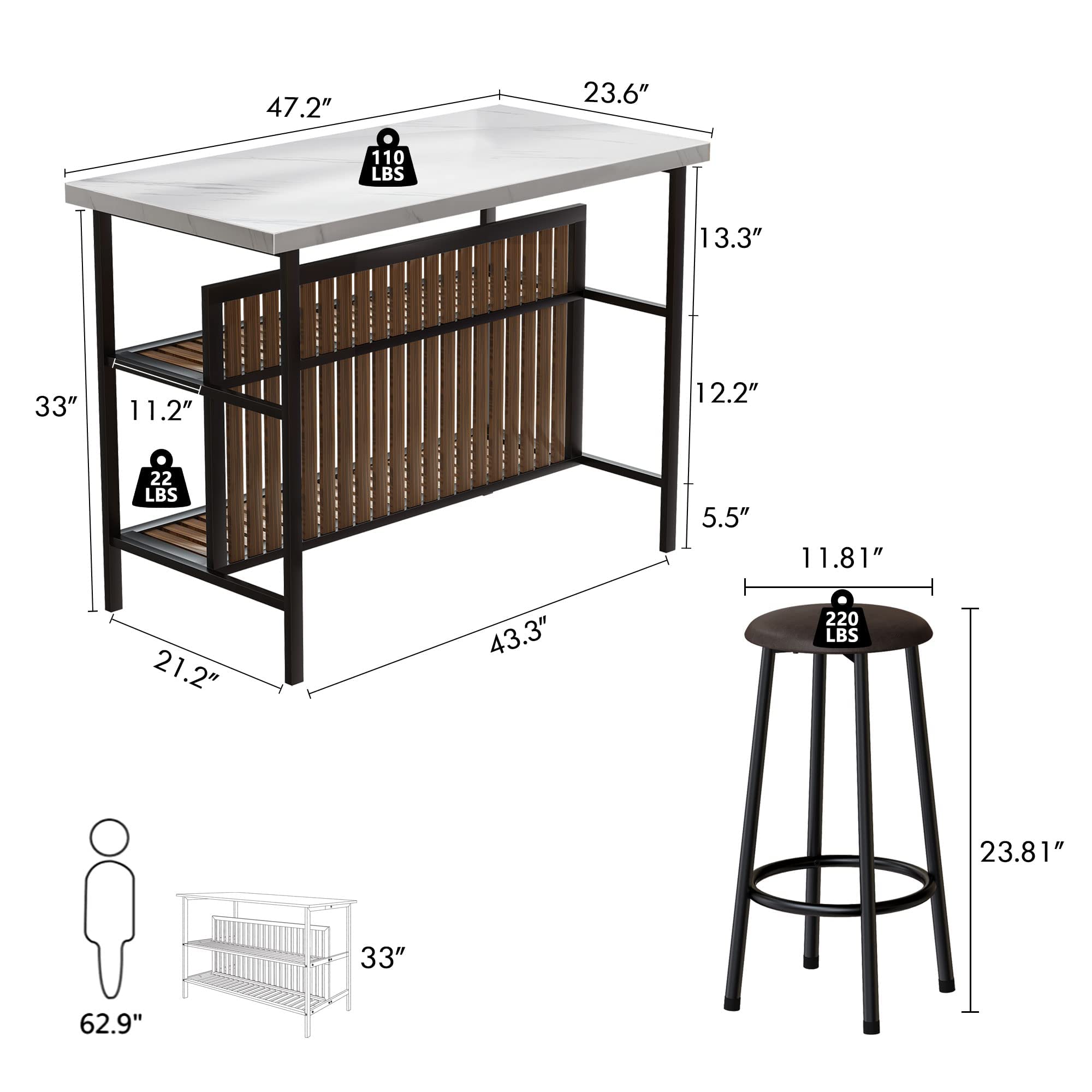 Modern White Kitchen Island with Stools & Storage - 3-Piece Dining Table Set for Small Spaces, Apartments & Home Bars | Perfect for Breakfast Nook, Entertaining Guests & Compact Kitchen Dining