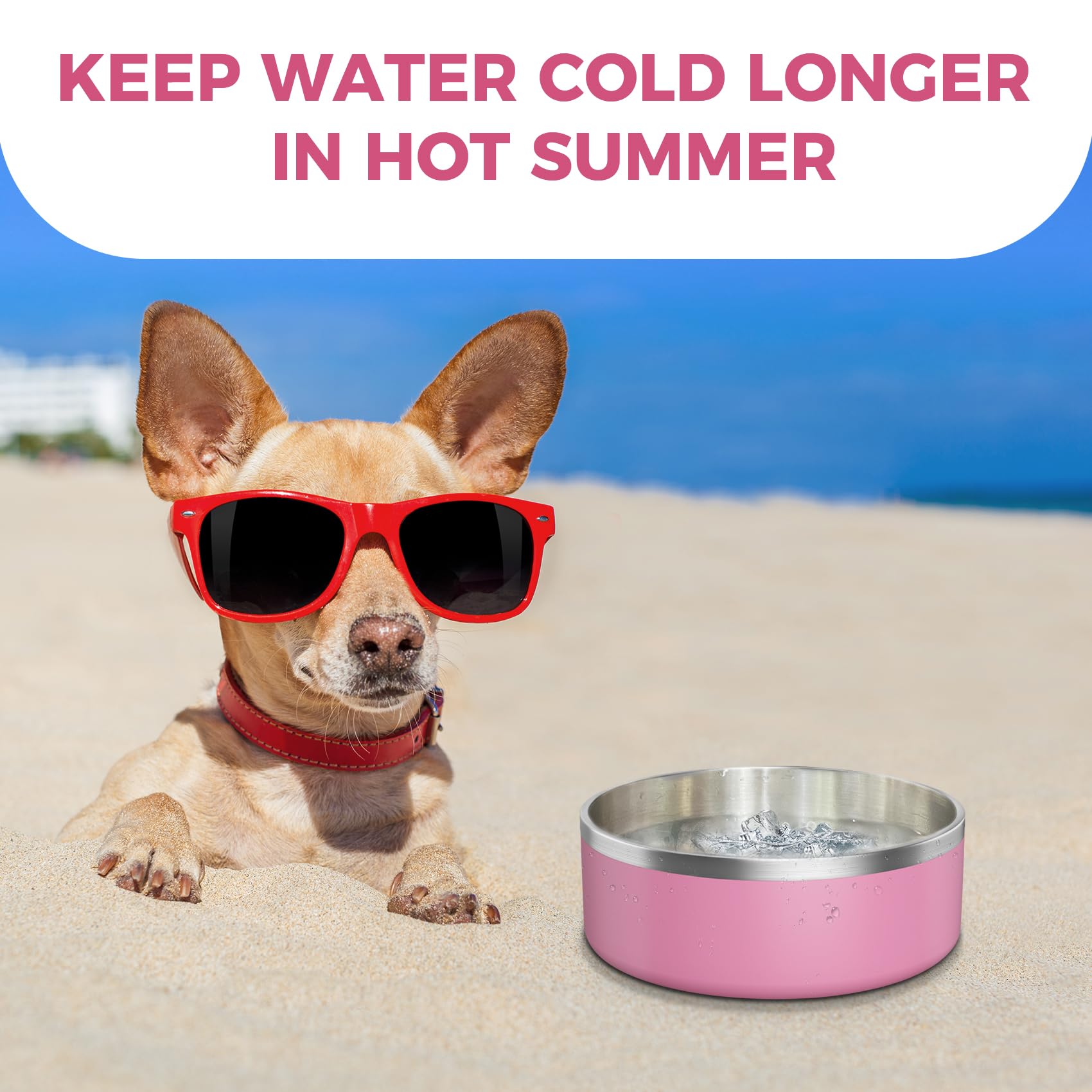 LIHONG Stainless Steel Dog Bowls - Non-Slip, Insulated Pet Food & Water Bowl for Small & Medium Dogs - Rustproof, 40oz, Pink - Perfect for Indoor/Outdoor Feeding & Travel Use