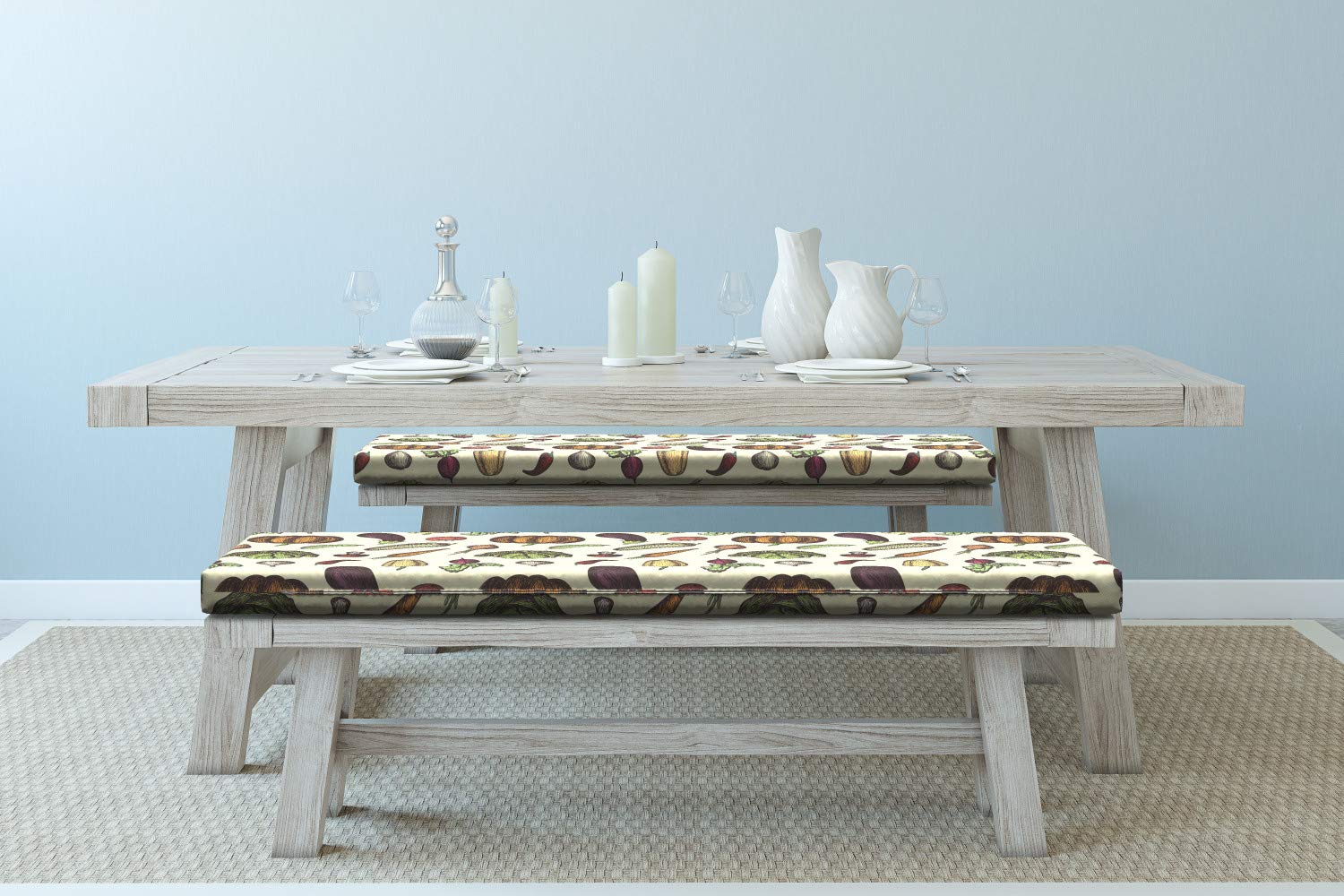 Ambesonne 2-Piece Vegetable Art Bench Cushion Set - Hand Drawn Vegan Mushroom, Radish & Pumpkin Design on Cream Background - Standard Size 45