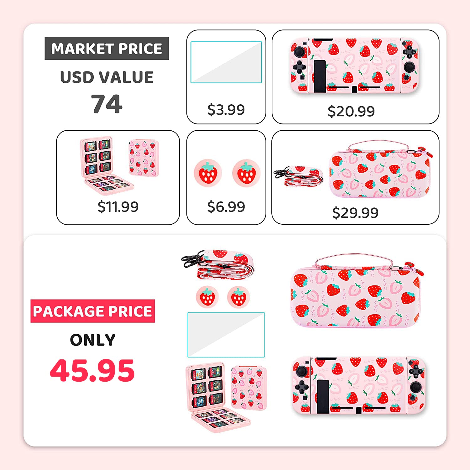 GLDRAM Pink Strawberry Nintendo Switch Carrying Case Bundle - Soft TPU Cover, Game Case, Tempered Glass Screen Protector, Thumb Grip Caps & Adjustable Shoulder Strap - Perfect Travel Accessories for Girls & Women | Portable Protection for Gaming on the Go, Commuting & Travel