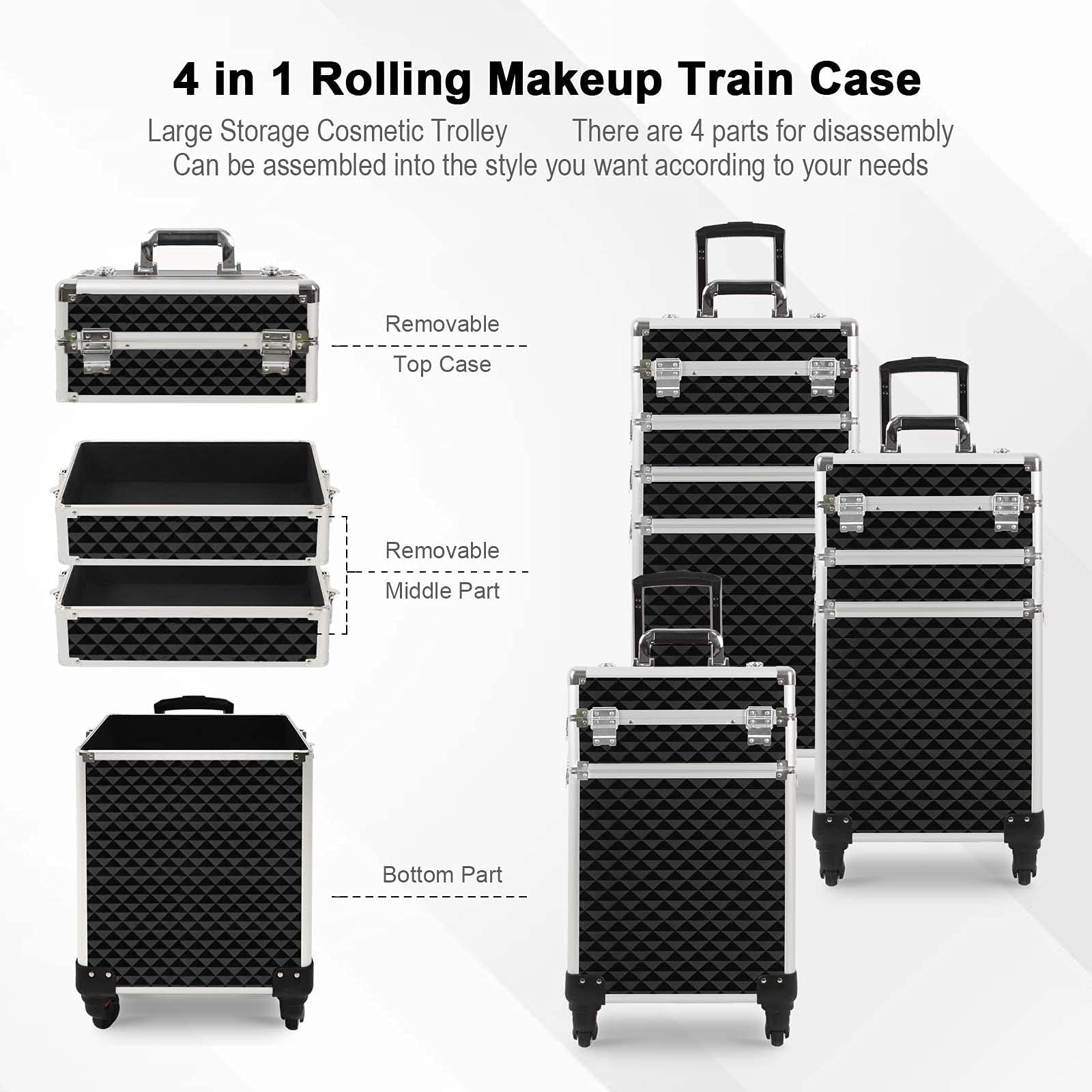 4 in 1 Professional Makeup Train Case with Large Storage - Lockable 4-Wheel Rolling Cosmetic Trolley with Diamond Surface (Black) | Perfect for Salon Professionals, Makeup Artists & Travel Organization