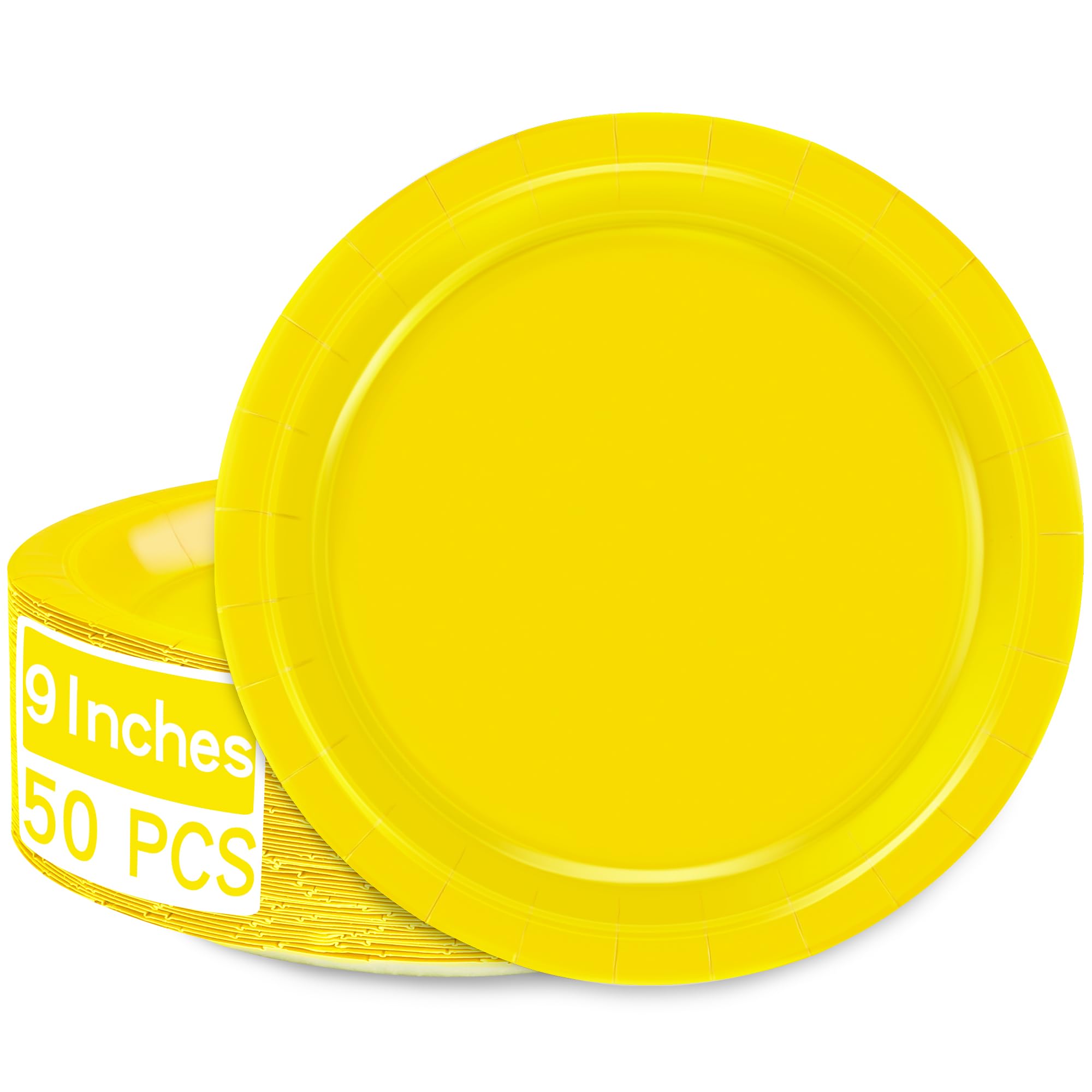 QZYL 50-Pack Disposable 9-Inch Round Paper Plates - Yellow Dinner Plates for Parties, Picnics, Weddings & Events | Eco-Friendly Party Supplies for Daily Meals, Anniversaries & Festive Gatherings