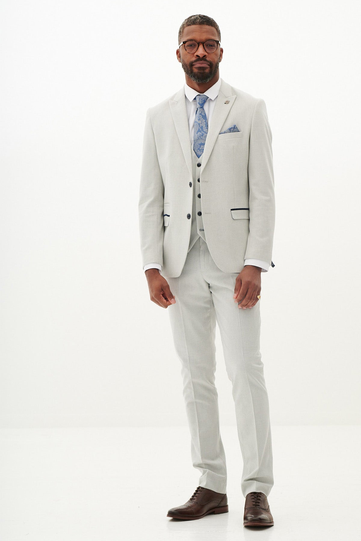 BROMLEY Men's Stone Check Three Piece Suit - Formal Business Attire for Weddings, Office & Special Occasions
