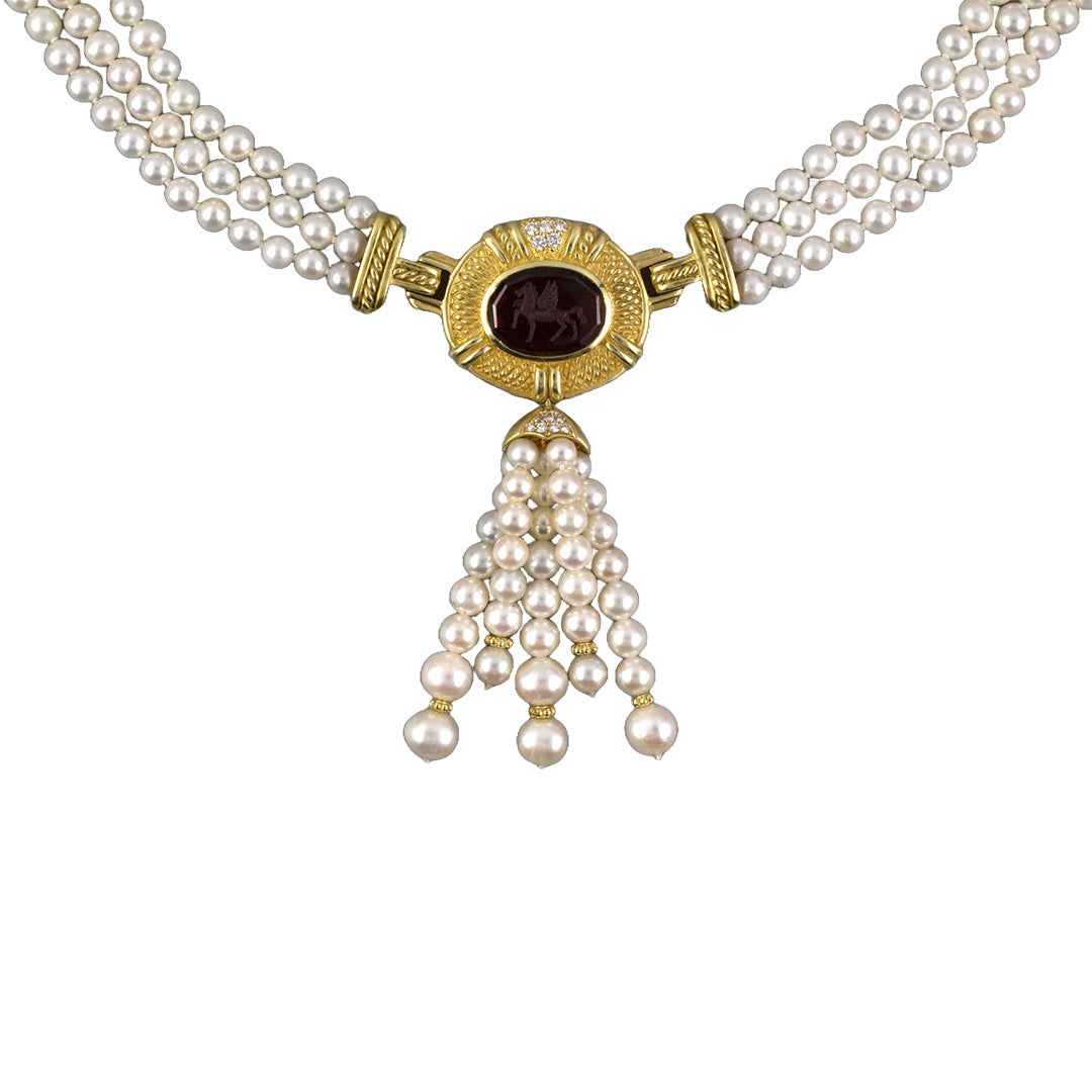 Judith Ripka Garnet Intaglio 3 Strand Pearl Necklace for Women | Vintage Style Jewelry Gift for Her | Perfect for Weddings, Anniversaries & Special Occasions