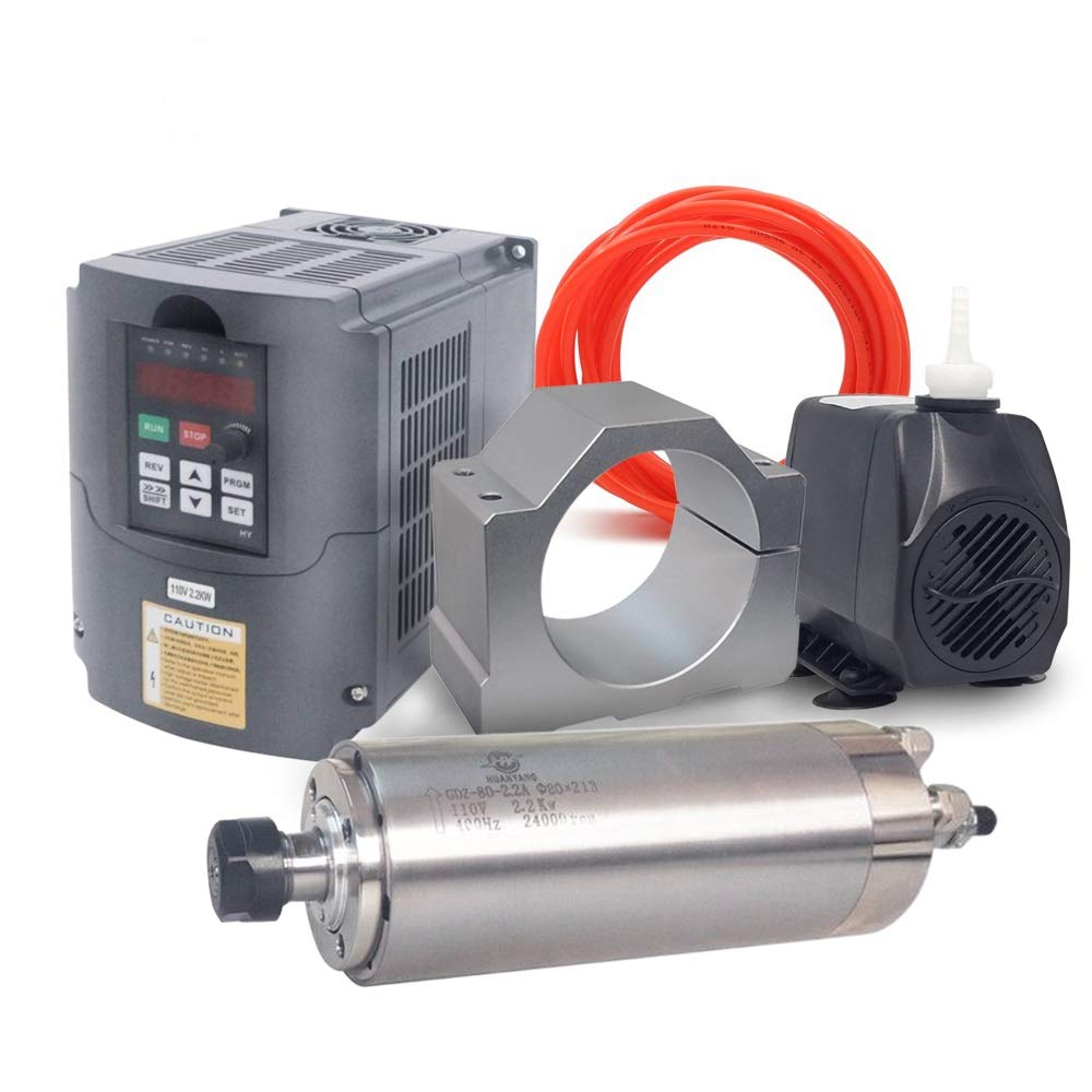 110V 2.2KW CNC VFD Spindle Motor Kit with Water Cooling System - 80mm ER20 Spindle, Variable Frequency Drive, Water Pump, Clamp & 5m Hose for Woodworking, Metal Engraving & DIY CNC Routing Projects