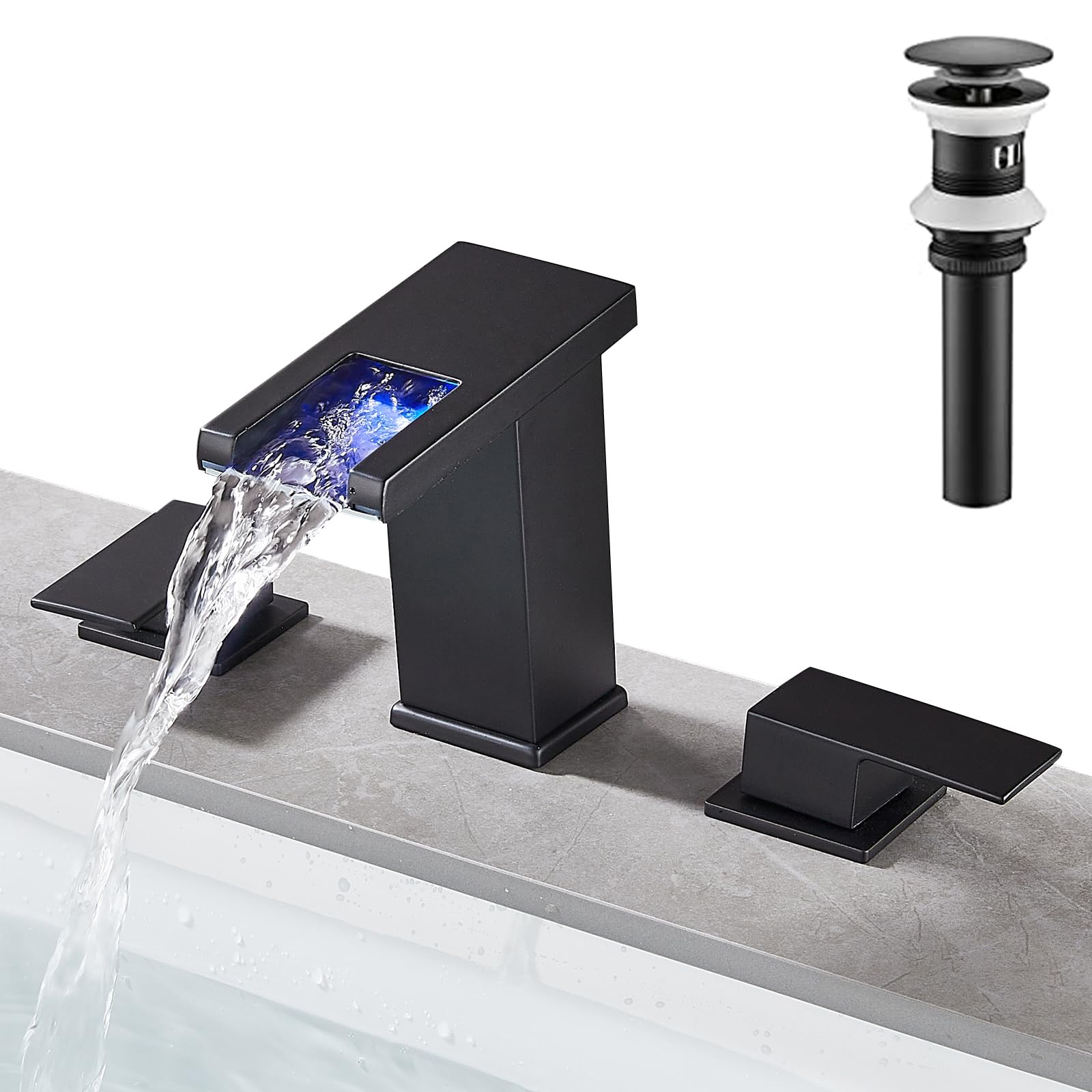 Black 3-Hole Waterfall Bathroom Faucet with LED Light - Perfect for RV & Vanity Sinks
