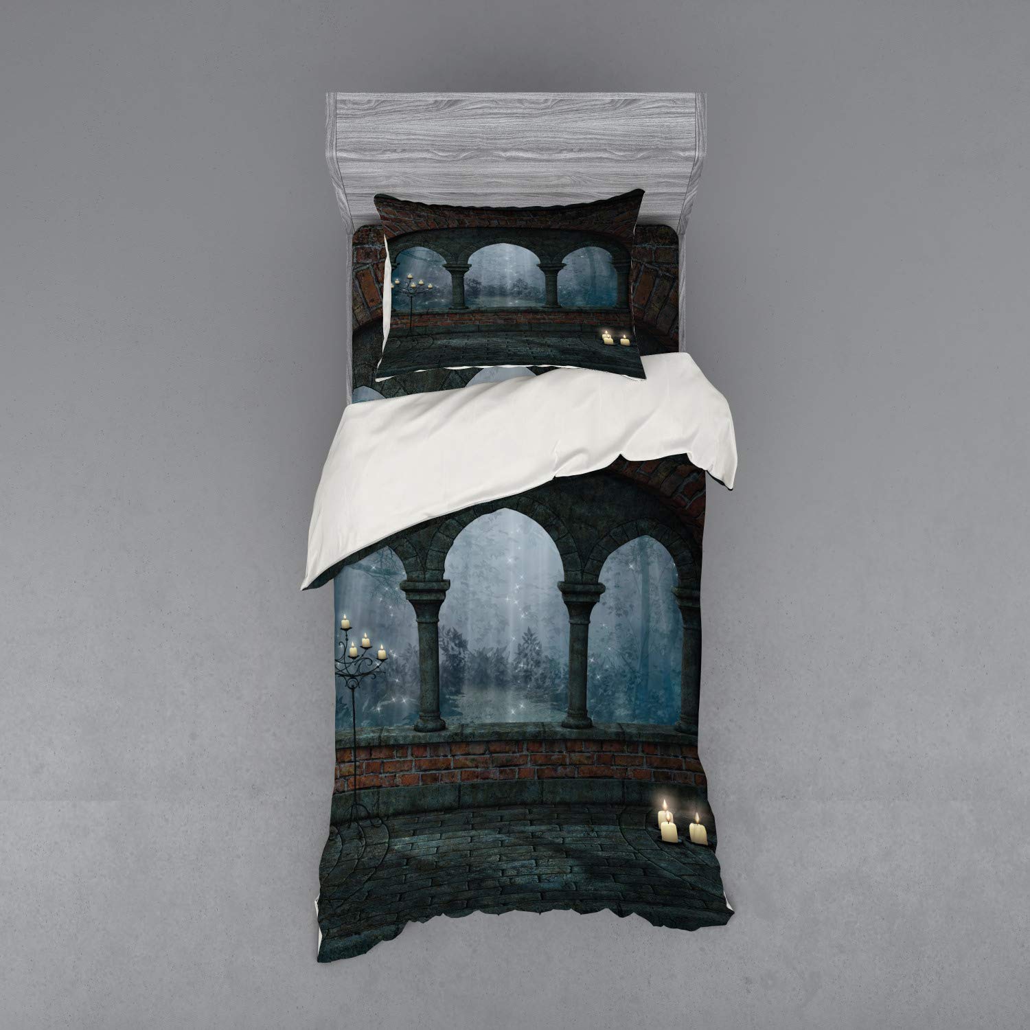 Ambesonne Gothic Duvet Cover Set - Medieval Castle at Night with Old Arch & Candles, 3-Piece Bedding Set (Twin Size, Blue Grey & Red) for Dark Fantasy Bedroom Decor | Perfect for Gothic, Medieval, or Vampire Themed Rooms