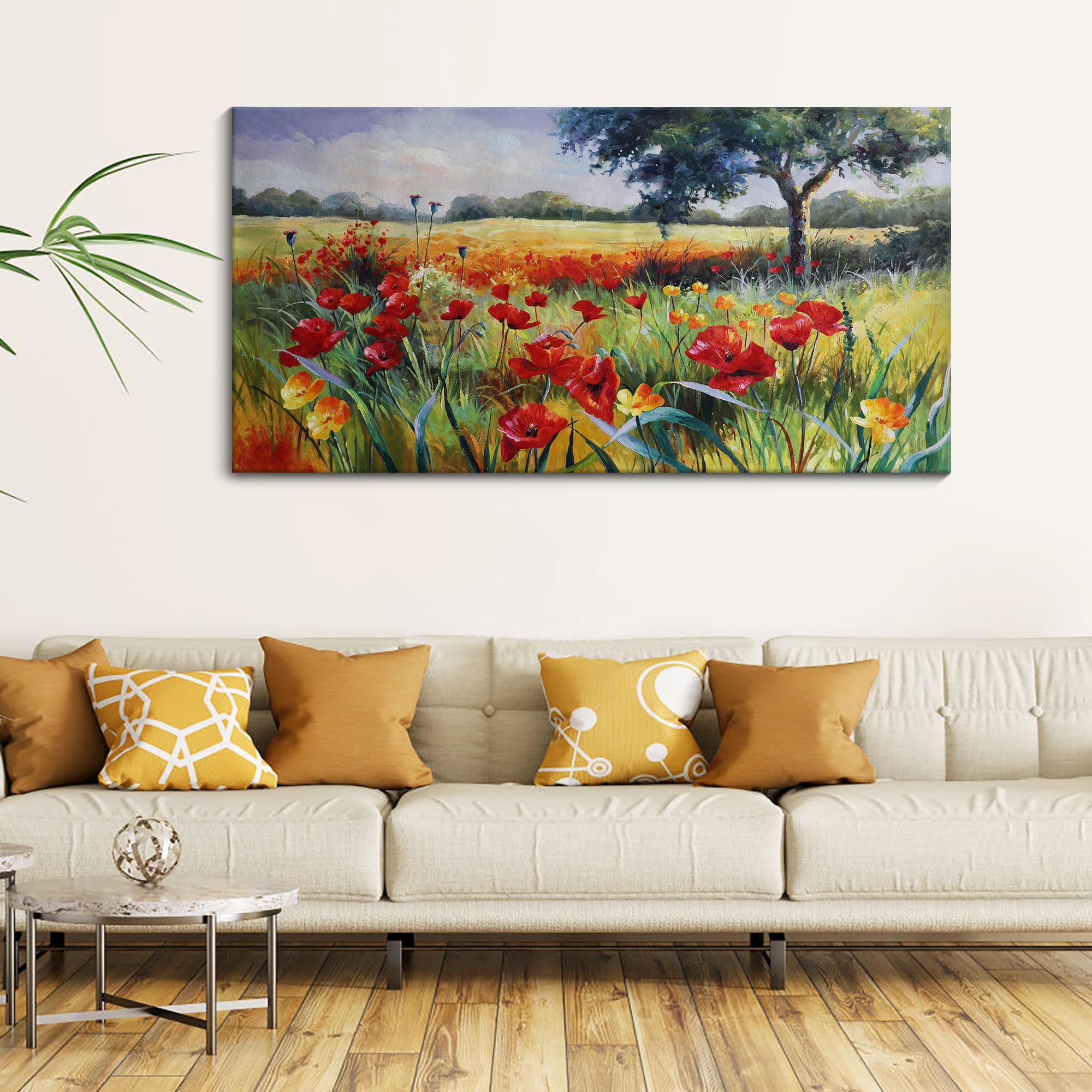 Large Green Trees & Red Yellow Flowers Canvas Wall Art - Modern Nature Prints Framed Decor for Living Room & Bedroom (24x48 Inches) - Perfect for Home, Office & Apartment Decoration