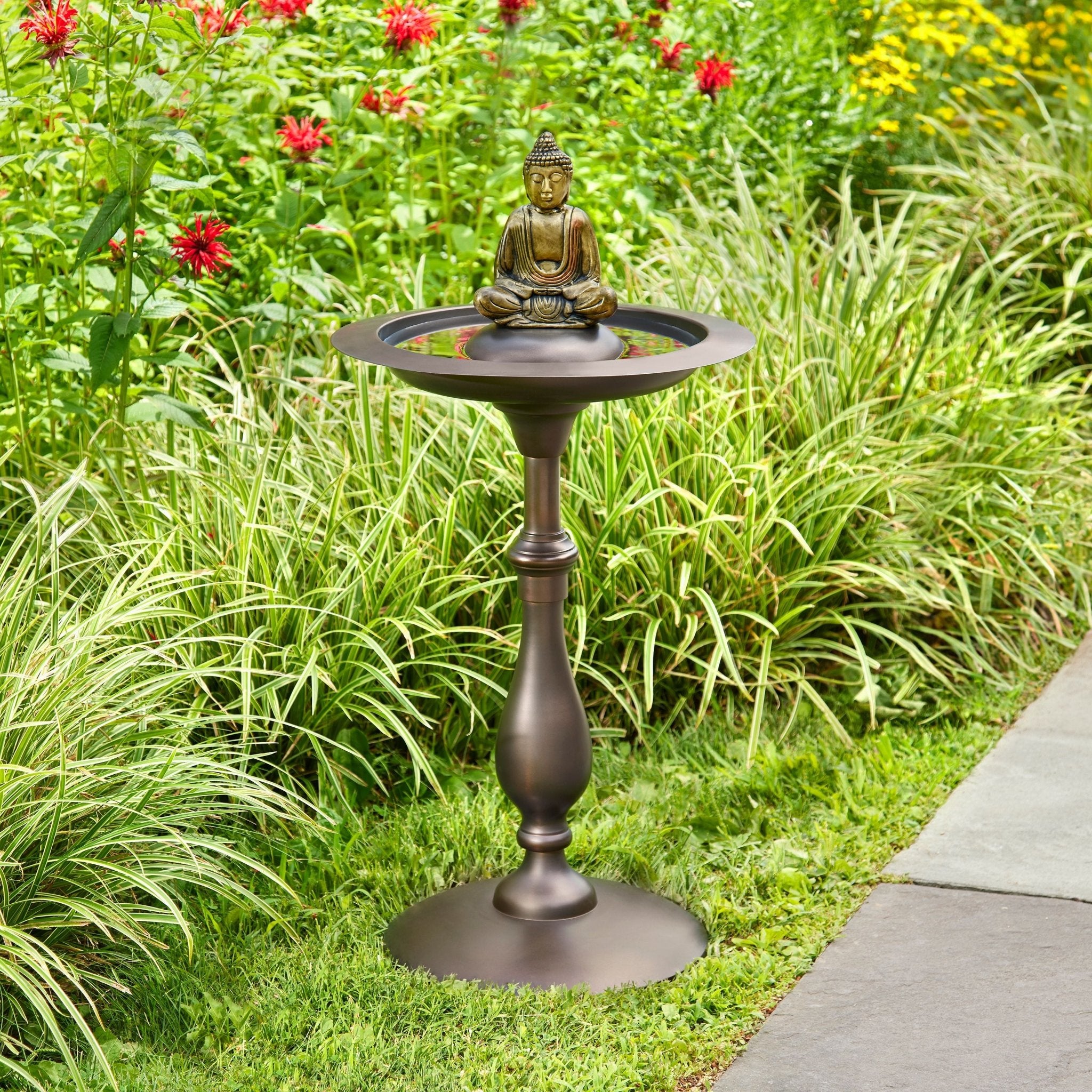 Classic Bronze Bird Bath Pedestal with Buddha Statue - Elegant Garden Decor for Outdoor Bird Watching & Zen Meditation