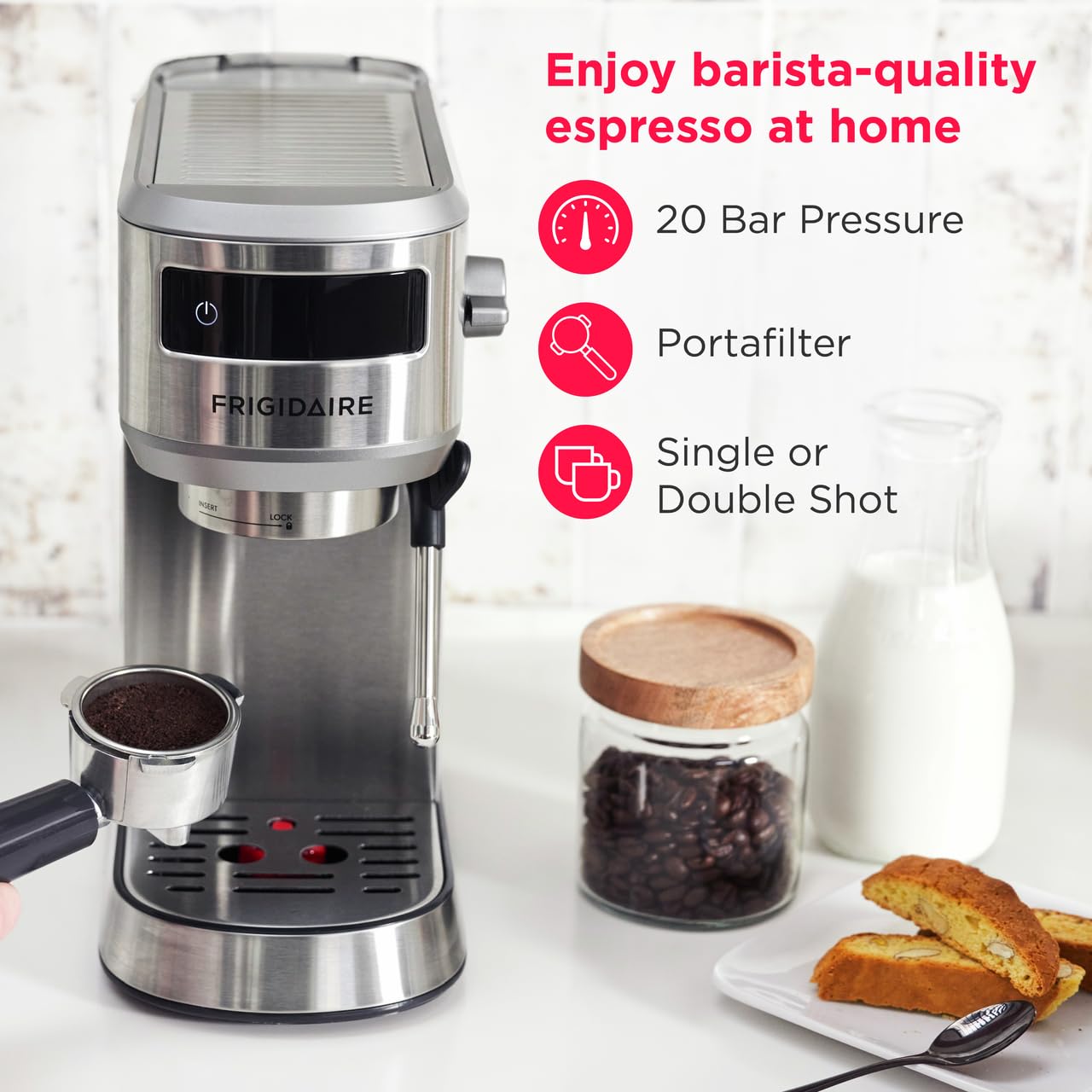 Frigidaire 20 Bar Compact Espresso Machine with Milk Frother & Tamper - Stainless Steel Coffee Maker for Cappuccino, Latte & Espresso - Perfect for Home, Office & Coffee Shop Use