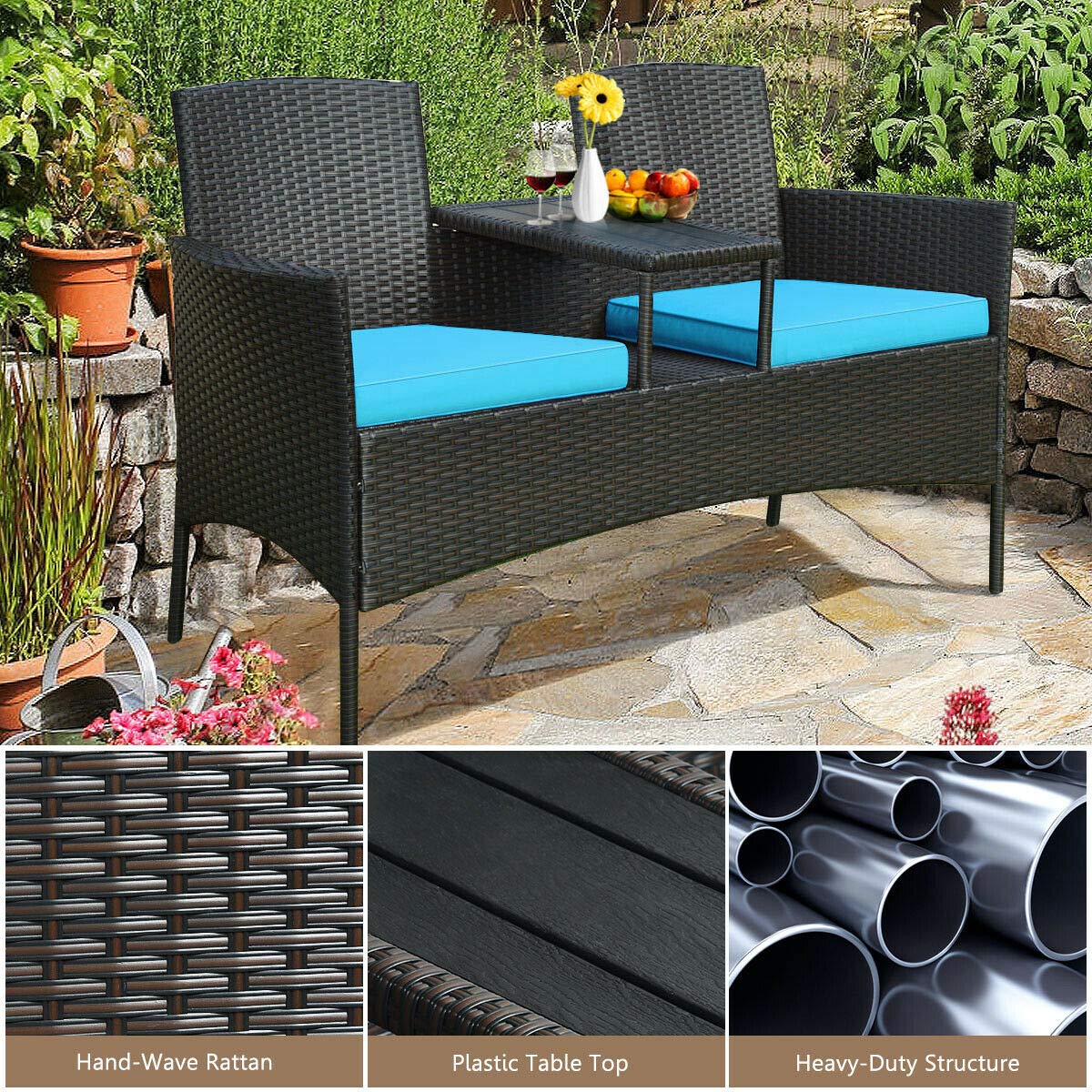 Relax4Life Rattan Wicker Outdoor Loveseat Set with Coffee Table & Removable Cushions - Patio, Garden, Balcony Furniture for Relaxing - Weather-Resistant Brown & Blue Conversation Seating for Backyard, Porch or Lawn