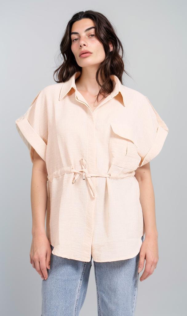Linen Look Belted Short Sleeve Shirt for Women - Beige Casual Blouse for Summer, Office & Vacation Outfits