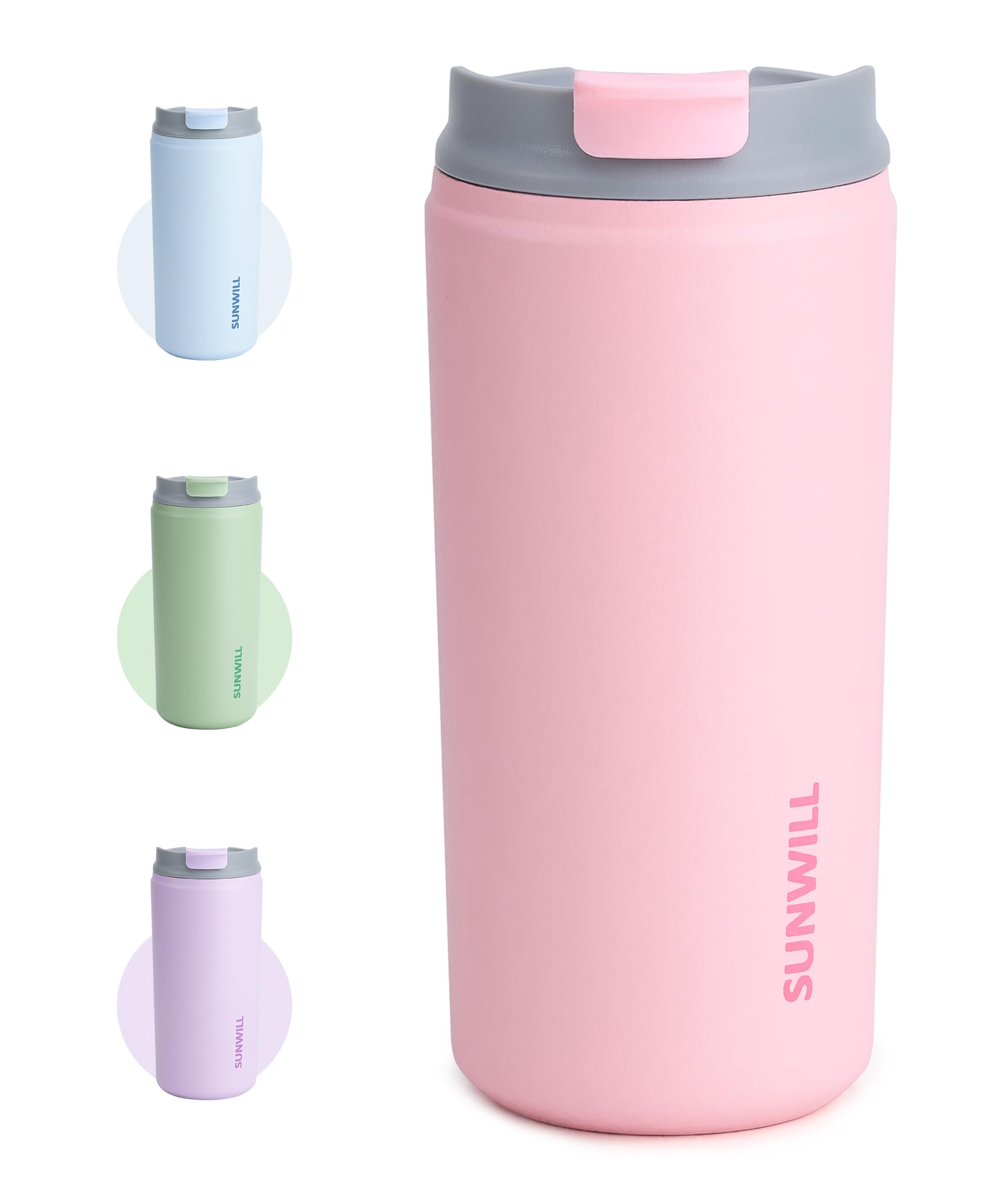 SUNWILL 12 oz Stainless Steel Insulated Coffee Mug with Lid - Leak Proof Travel Tumbler, Powder Coated Light Pink - Perfect for Office, Home, Commuting & Outdoor Activities