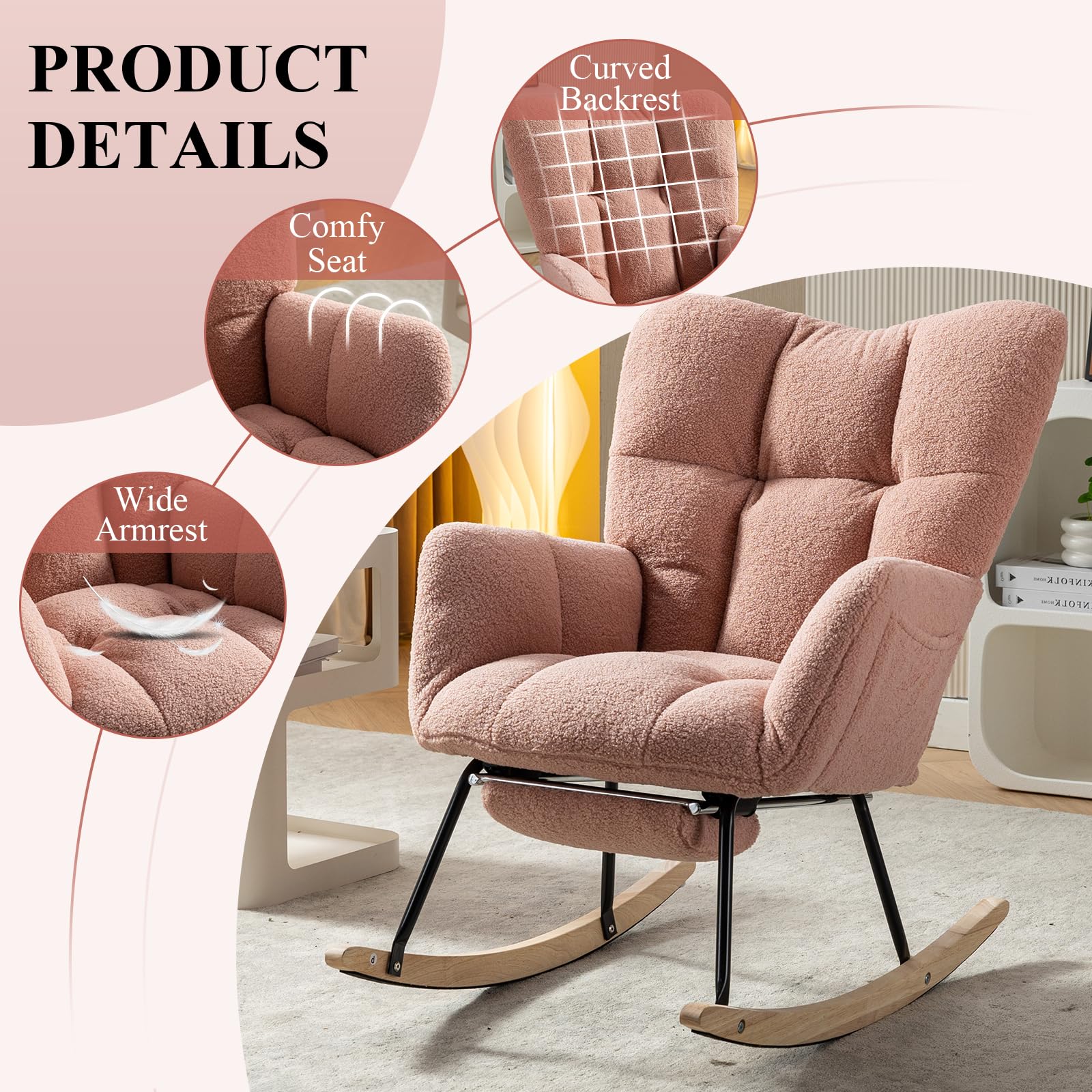 NIOIIKIT Nursery Rocking Chair - Teddy Upholstered Glider Chair with Adjustable Footrest, Padded Recliner & High Back Support - Pink Rocker Recliner for Nursery, Baby Room, Breastfeeding & Reading (Perfect for New Moms & Nursery Decor)