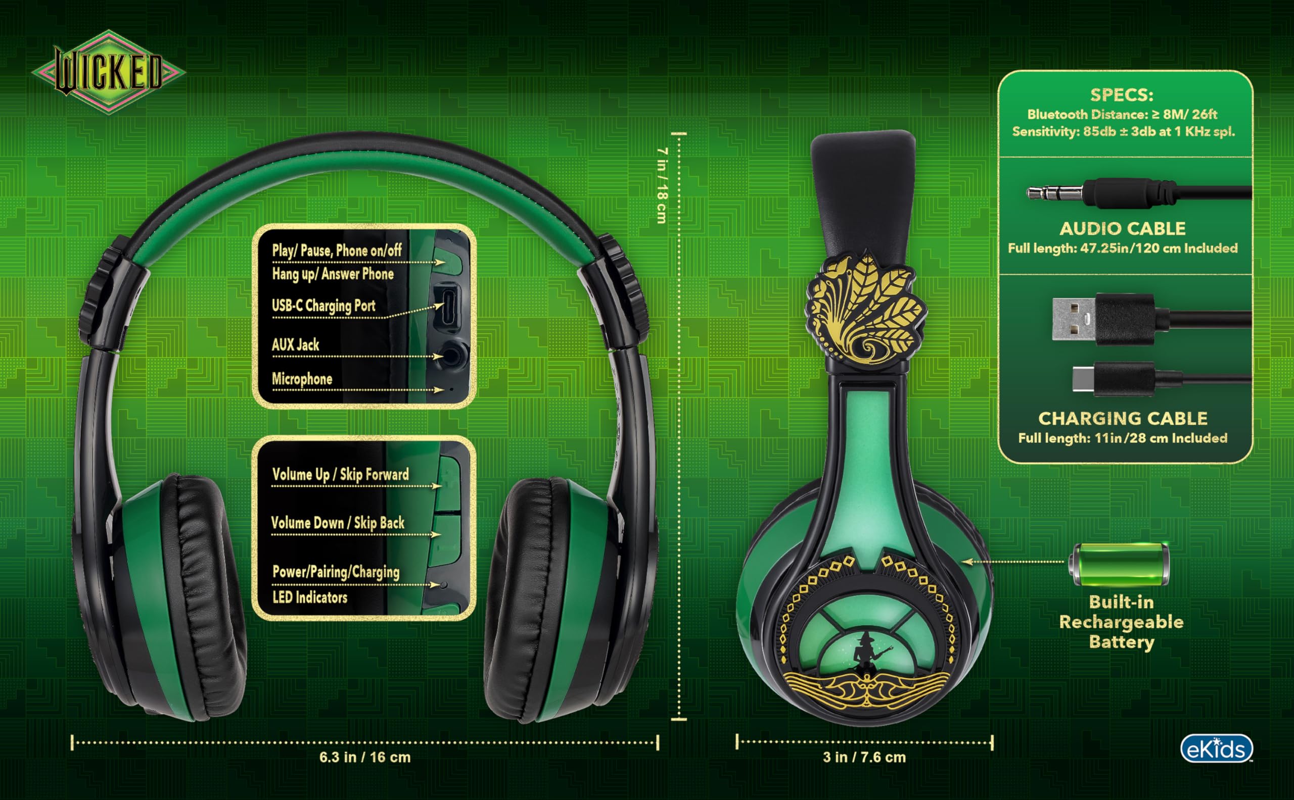 eKids Wicked Elphaba Bluetooth Wireless Headphones with Built-in Mic & AUX Cable - Volume Limited Foldable Kids Headphones for School, Home, Travel | Perfect for Online Classes, Gaming & Music Listening