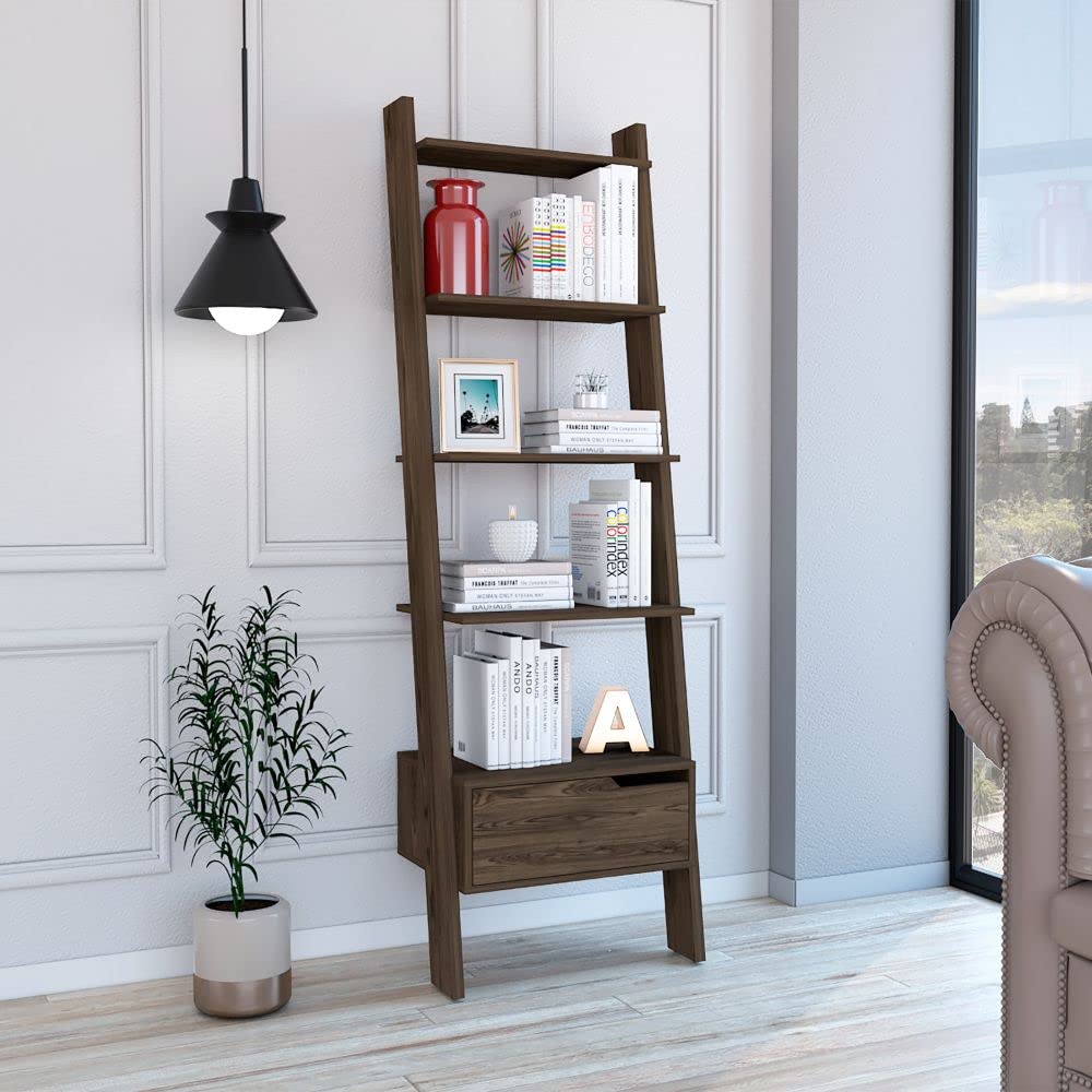 5-Tier Hamburg Ladder Bookcase with Open Shelves & Storage Drawer - Dark Walnut Finish for Living Room, Bedroom, or Home Office Organization