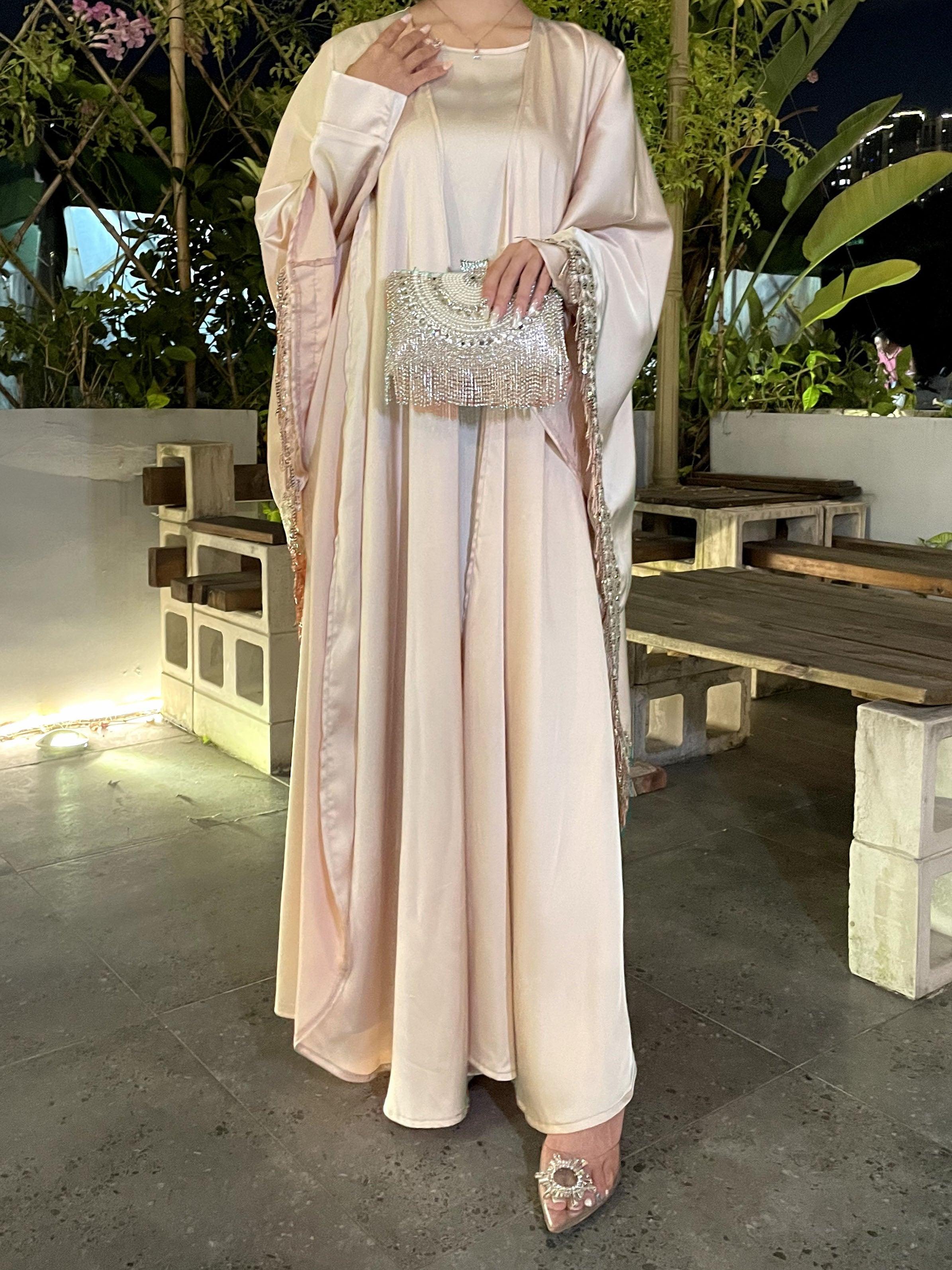 Butterfly Satin Tassel Convertible Abaya & Dress Duo - Modest Muslim Women's Day to Night Outfit for Prayer, Wedding & Special Occasions