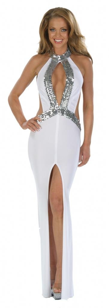 Sexy Stretch Poly Lycra Sequin White Gown for Women - Elegant Evening Dress for Parties, Prom, and Special Occasions