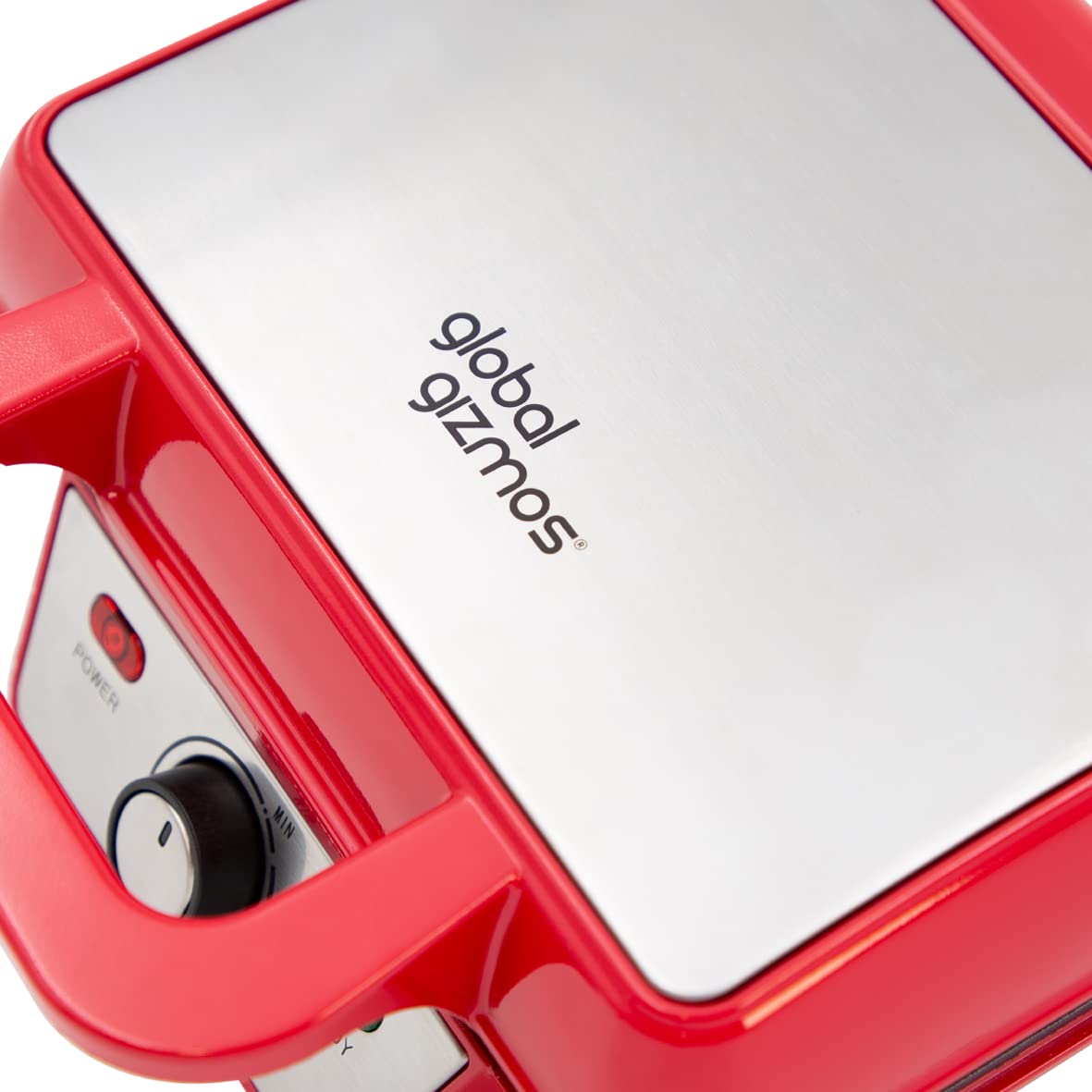 Global Gizmos 37579 Two Slice Waffle Maker - Non-Stick Waffle Machine with Adjustable Temperature, Easy Clean Stainless Steel, Non-Slip Base & Cool Touch Handle (Red) - Perfect for Breakfast, Brunch, and Family Gatherings