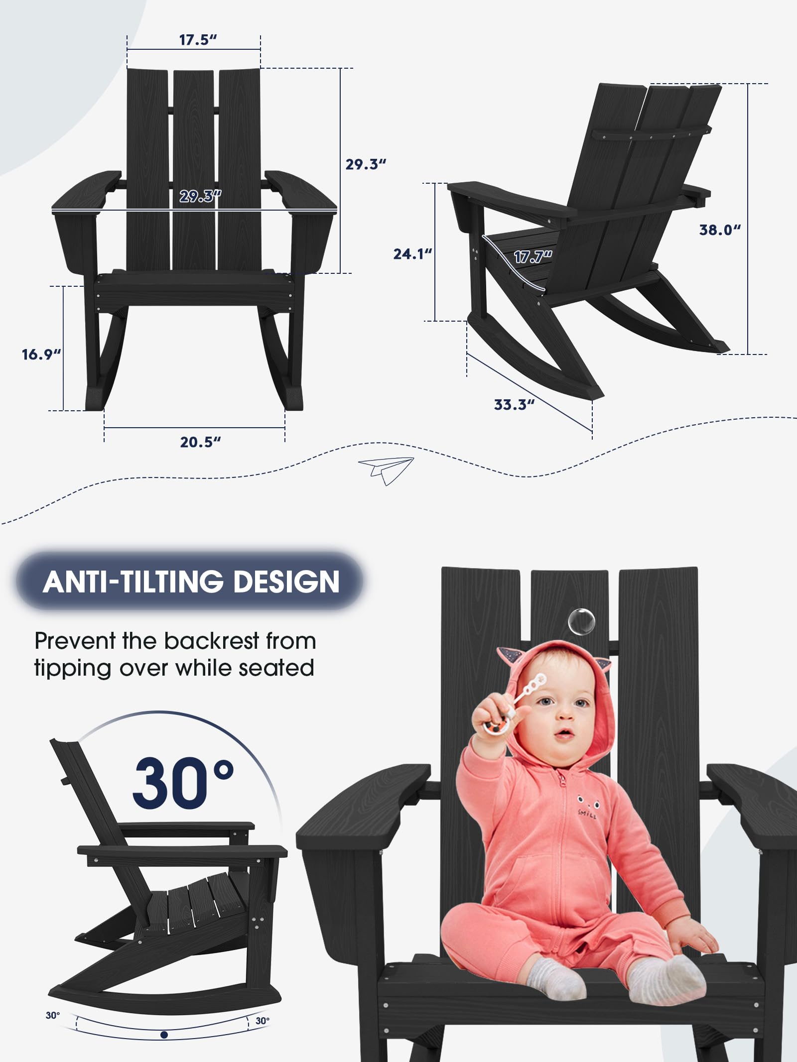 KINGYES Outdoor Rocking Chairs Set of 2 - Modern All-Weather Adirondack Rockers for Porch, Backyard & Garden - Durable Patio Furniture for Relaxing Outdoors (Black) | Perfect for Lounging, Sunbathing & Entertaining Guests