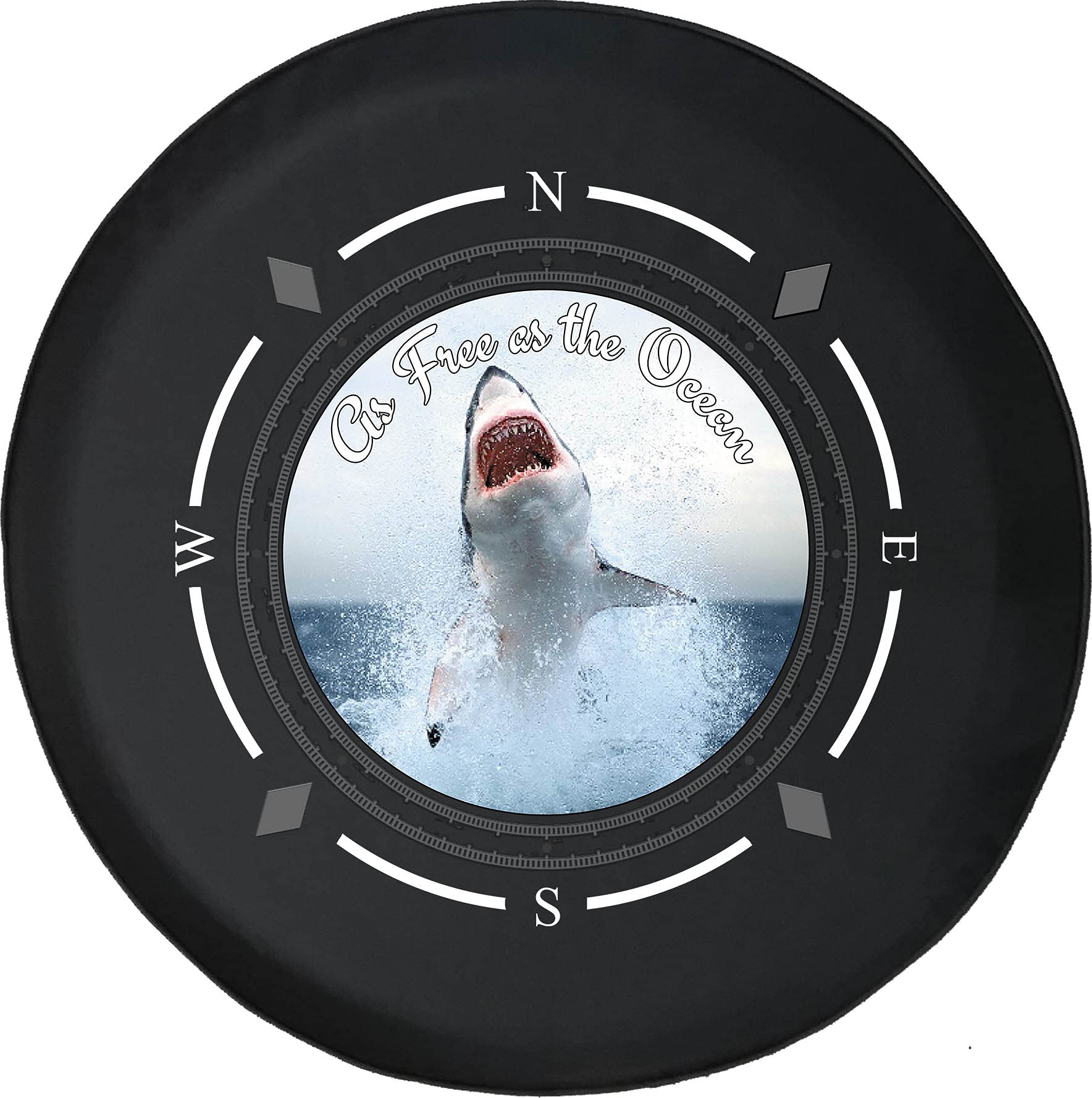 Premium Spare Tire Cover with Compass & Great White Shark Design - Durable SUV, Trailer, RV Wheel Cover for Outdoor Adventures & Road Trips