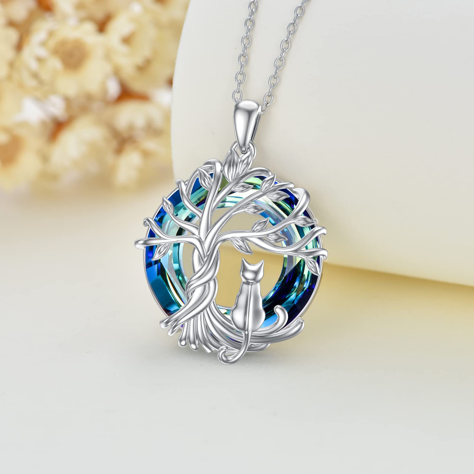 Sterling Silver Cat Tree of Life Pendant Necklace with Blue Crystal - Cute Cat Jewelry Gift for Women, Cat Lovers - Perfect for Birthday, Christmas & Everyday Wear