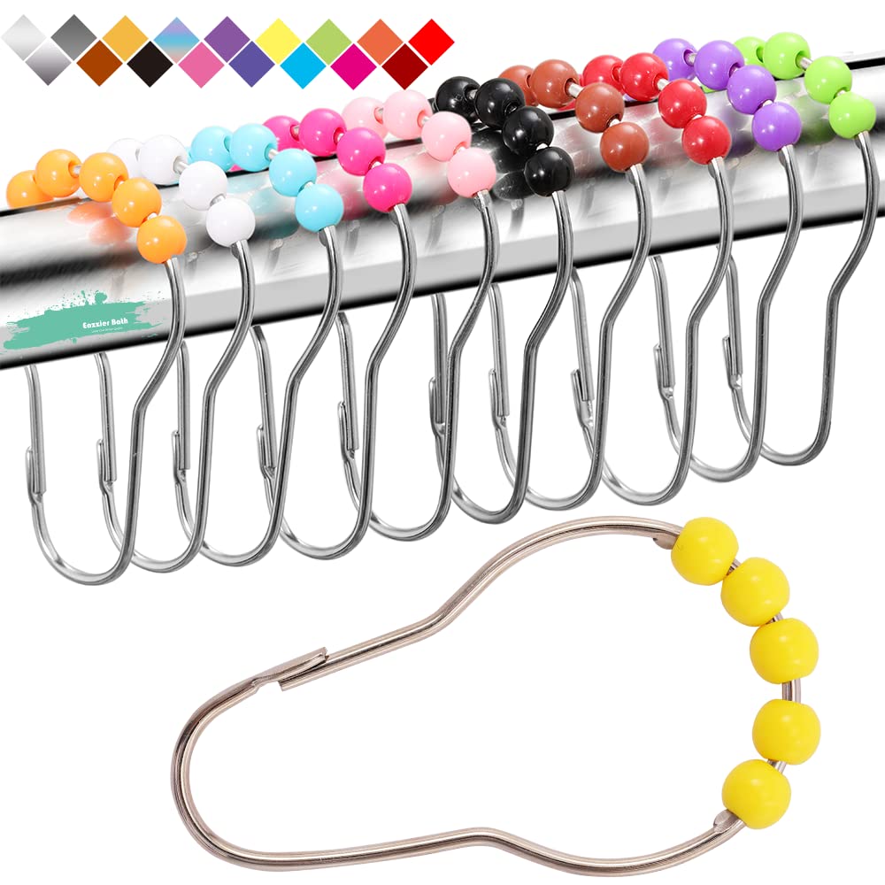 Colorful Stainless Steel Shower Curtain Hooks & Rings Set of 12 - Pearl Finish Bathroom Accessories for Shower Rods - Perfect for Kids' Bathrooms, Coastal Decor, and Modern Home Upgrades
