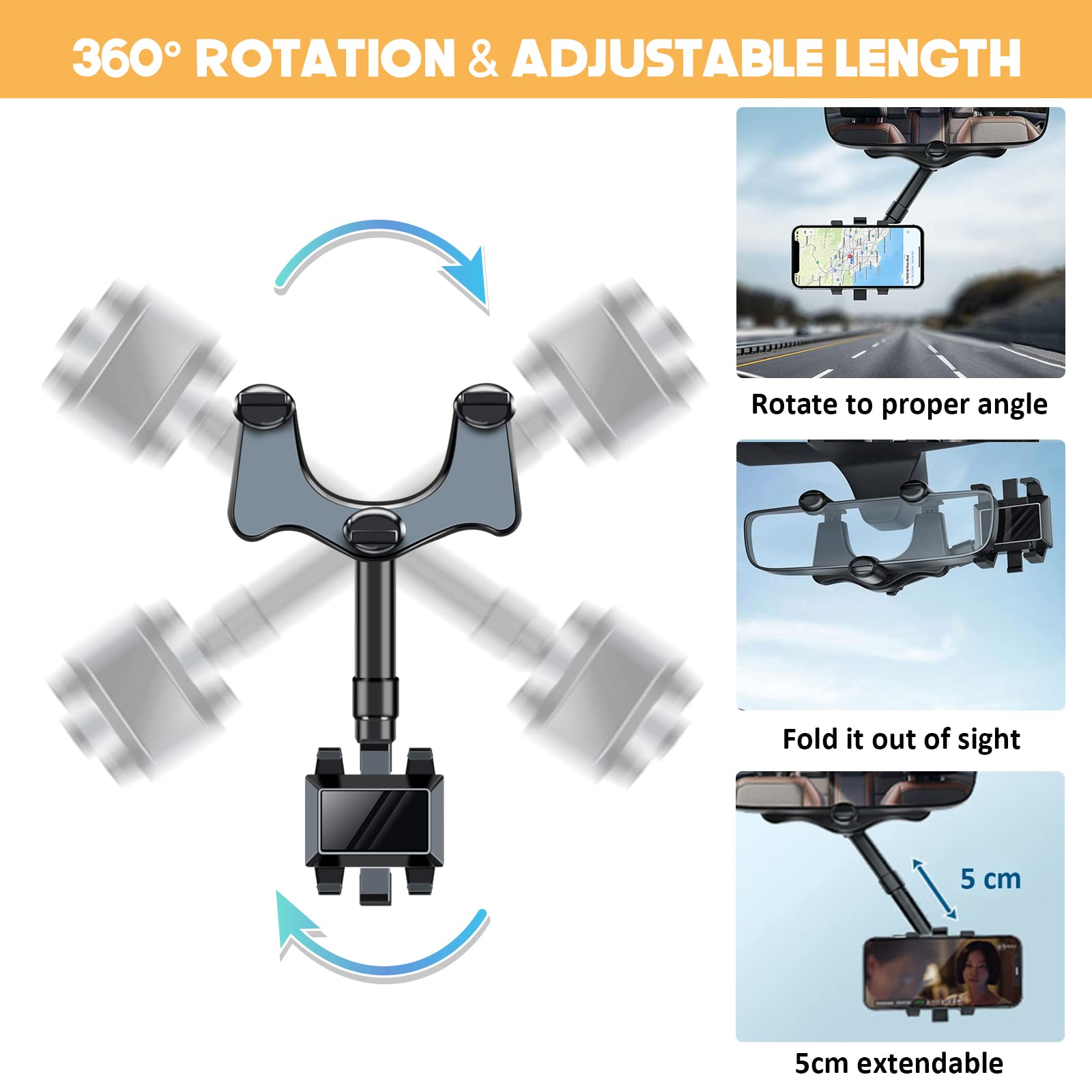 360° Rotatable & Retractable Universal Car Rearview Mirror Phone Mount Holder - Compatible with iPhone, Samsung & All Smartphones - Perfect for GPS Navigation, Hands-Free Calls & Road Trips