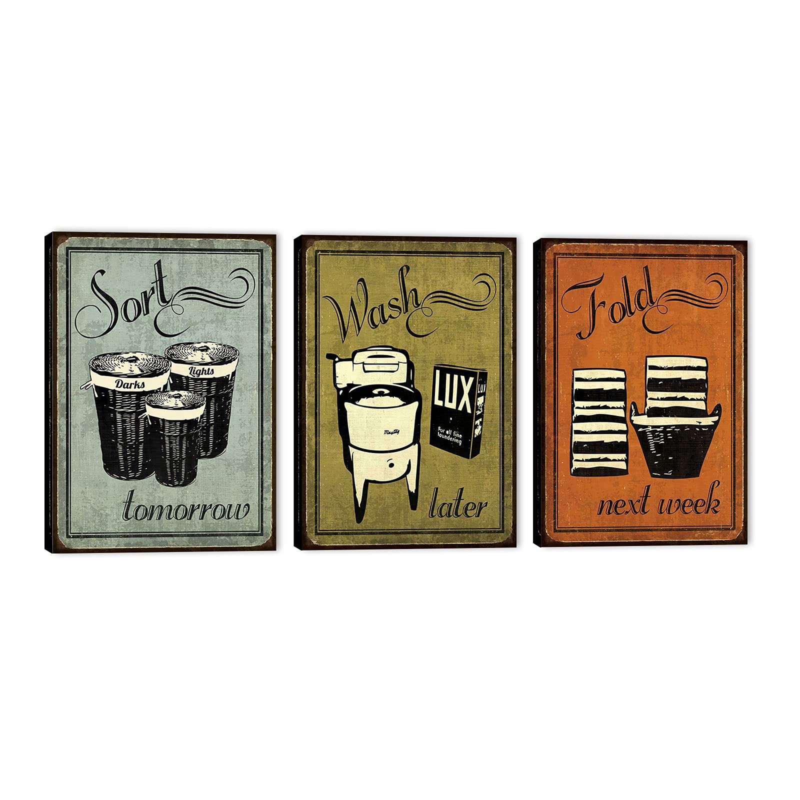 Vintage Laundry Room Wall Art - 3pc Funny Bathroom Decor for Home & Office