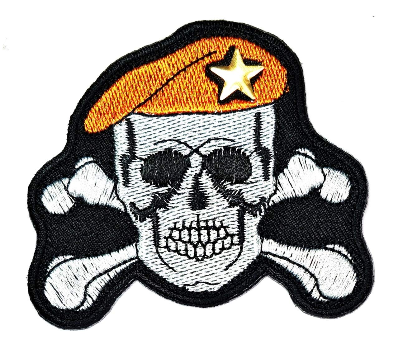 Cartoon Skeleton Skull with Cross Bones & Orange Police Hat Embroidered Iron-On Patch for Kids - Motorcycle Bike Uniform, DIY Fabric Badge - Perfect for Halloween Costumes, Jackets & Backpacks