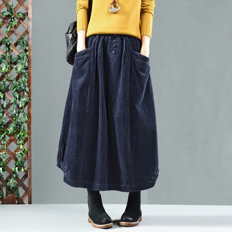 Women's Corduroy Midi Skirt with Pockets - Spring Floral A-Line Skirt for Casual & Office Wear | Perfect for Work, Dates & Everyday Outfits