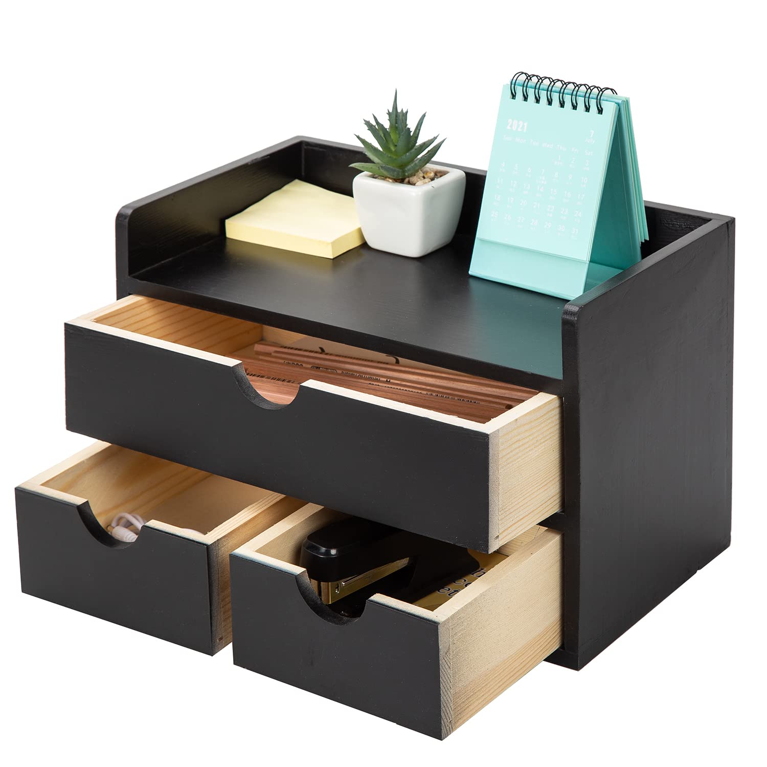 Black Bamboo Desk Organizer with 3 Drawers & Shelf - Wooden Storage Cabinet for Home Office, Workspace & Bathroom - Perfect for Organizing Toiletries, Makeup, Stationery & Vanity Supplies (Ideal for Desk, Countertop & Vanity Organization)