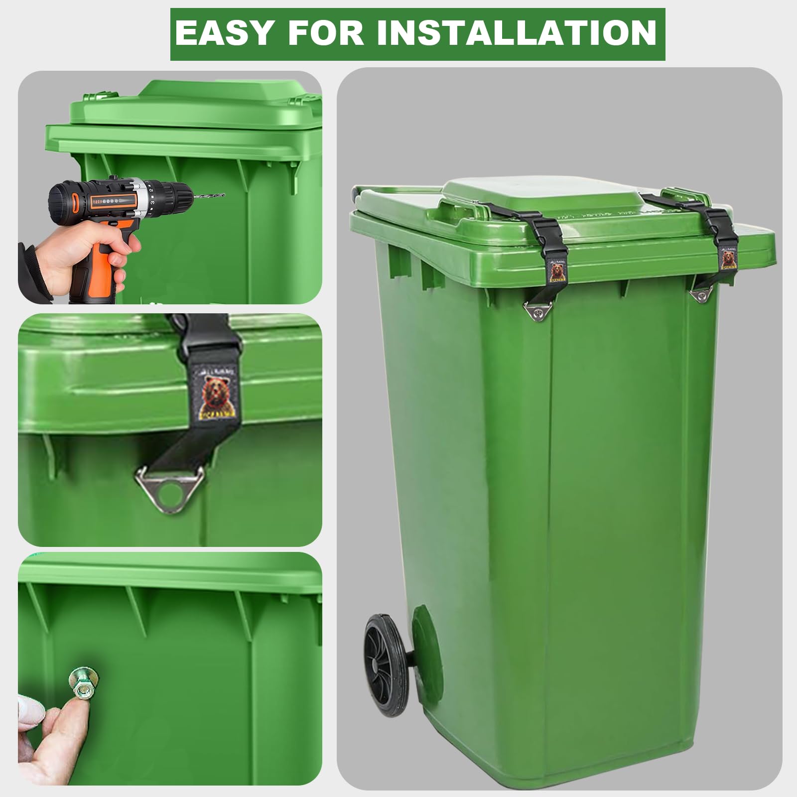 Bear Proof Trash Can Locks - Durable Adjustable Animal Proof Garbage Bin Lid Lock with Stretchable Elastic Strap (2 Pack) - Keep Raccoons & Pets Out of Outdoor/Indoor Trash Cans
