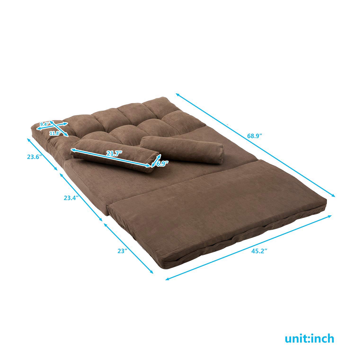 YSKWA Double Chaise Lounge Sofa Chair - Modern Floor Couch with 2 Pillows for Living Room, Bedroom, or Patio - Comfortable Brown Fabric Sectional Sofa for Relaxing, Reading, and Lounging
