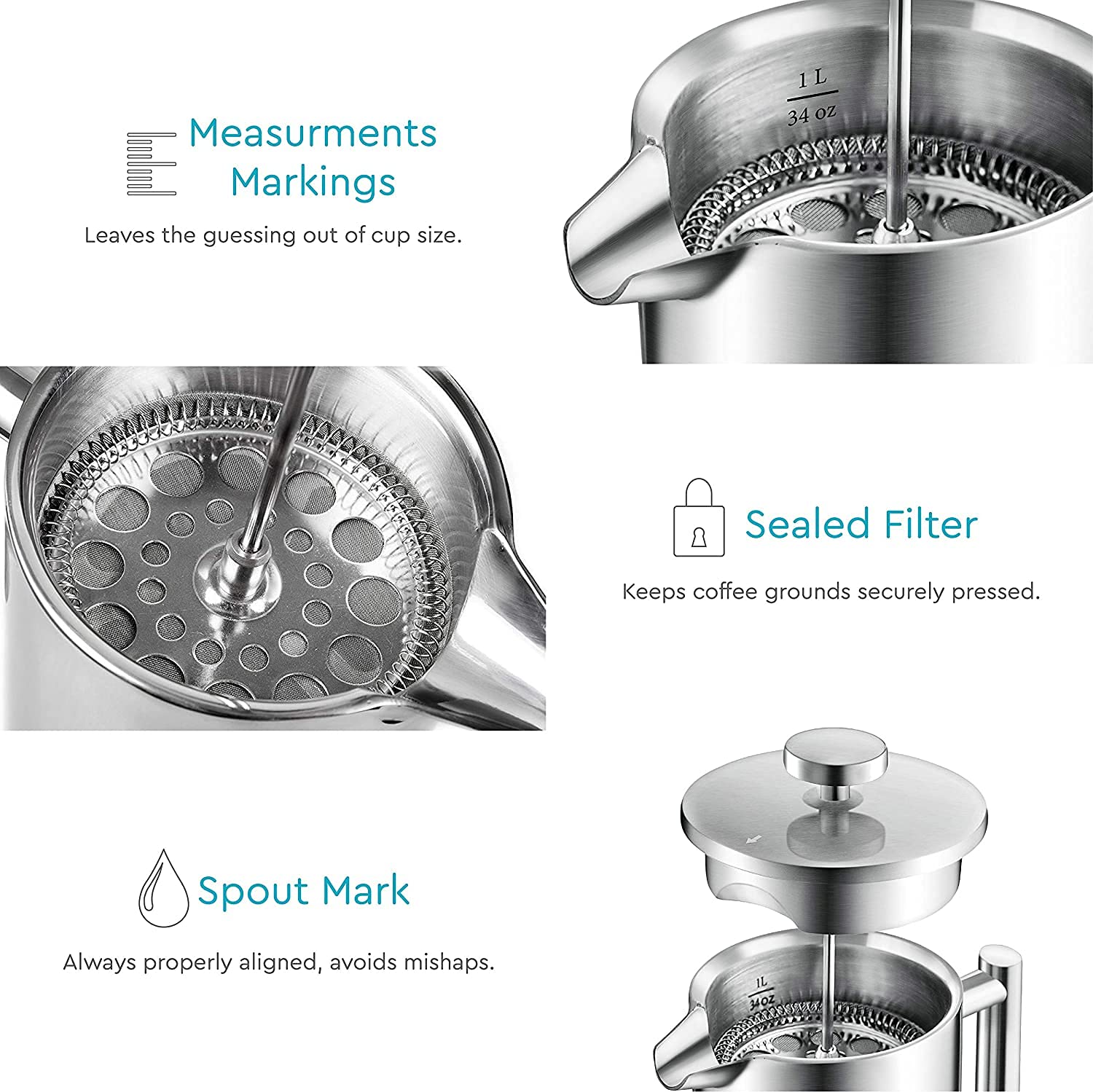 Belwares 50 Oz French Press Coffee Maker - Stainless Steel 304 Insulated Coffee Press with Double Wall & 4-Stage Filtration System (1.5L, Silver) - Perfect for Home, Office, Camping & Gifts