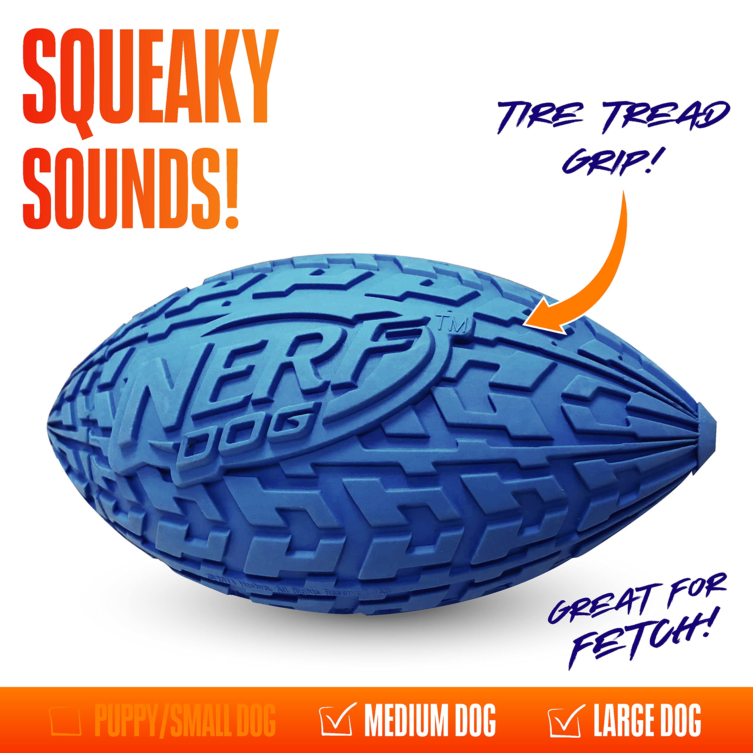 Nerf Dog Tire Squeak Football - 6 Inch Durable Outdoor Dog Toy for Medium & Large Breeds - Blue Interactive Chew Toy for Fetch, Training & Playtime in Backyard, Park or Beach
