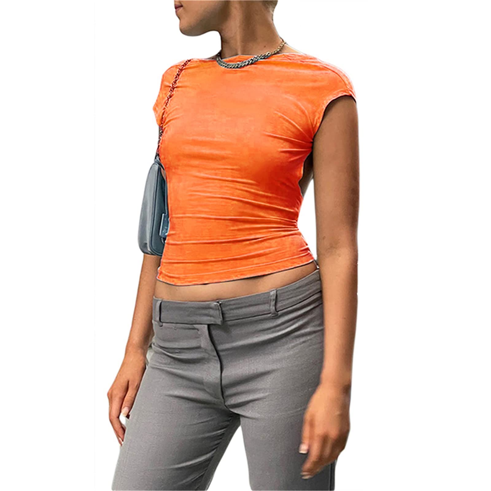 Y2K Backless Crop Top for Women - Short Sleeve Bodycon Sexy T-Shirt with Crew Neck | Grunge Streetwear for Summer | Perfect for Music Festivals, Clubbing & Casual Outfits