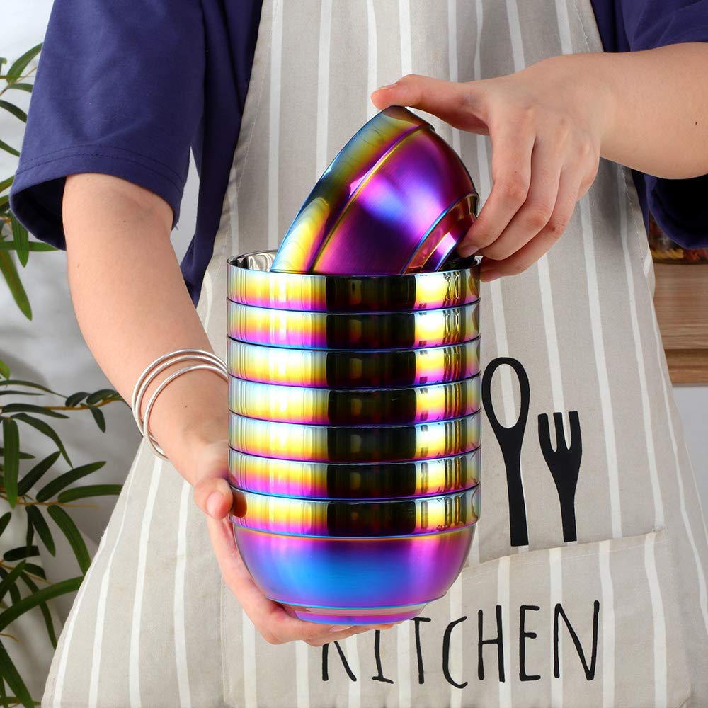 Premium 24-Piece SUS 304 Stainless Steel Bowl Set with Spoon & Chopsticks - 19oz Double-Walled Metal Rice & Cereal Bowls for Home, Restaurant & Kitchen Use - Rainbow Color Collection for Adults & Kids - Perfect for Dining, Serving, Camping & Meal Prep
