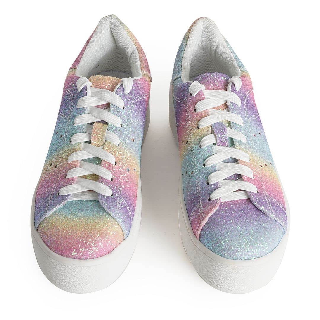 J.Adams Women's Hero Platform Sneakers - Fashion Casual Lace Up Tennis Shoes with Rainbow Glitter - Size 10 - Perfect for Streetwear, Gym & Everyday Comfort