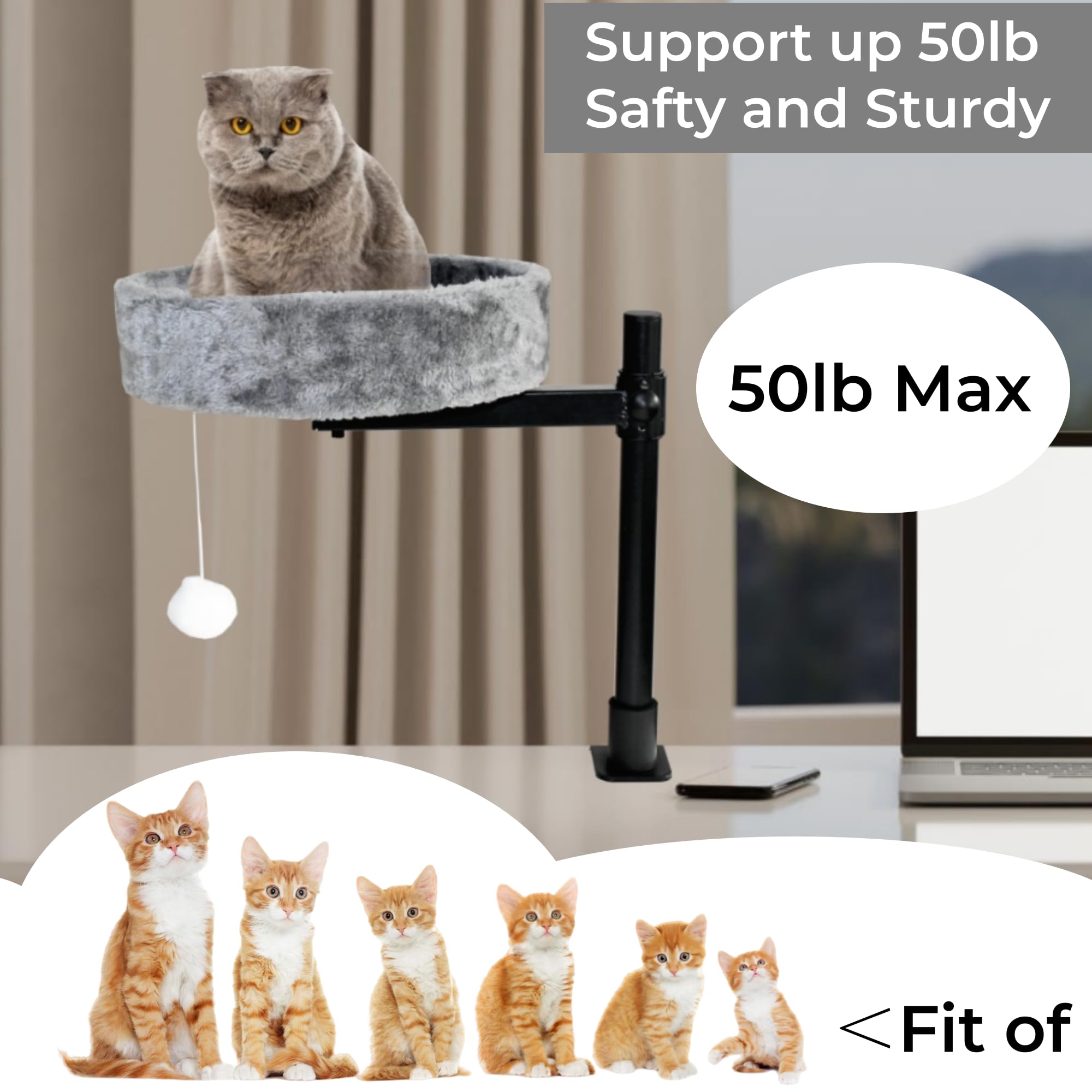 360° Rotating Adjustable Cat Desk Bed with Sturdy Steel Frame - Round Cat Nest for Office & Gaming Desks - Supports Up to 50 lbs - Modern Indoor Cat Furniture for Comfortable Napping & Workspace Companionship