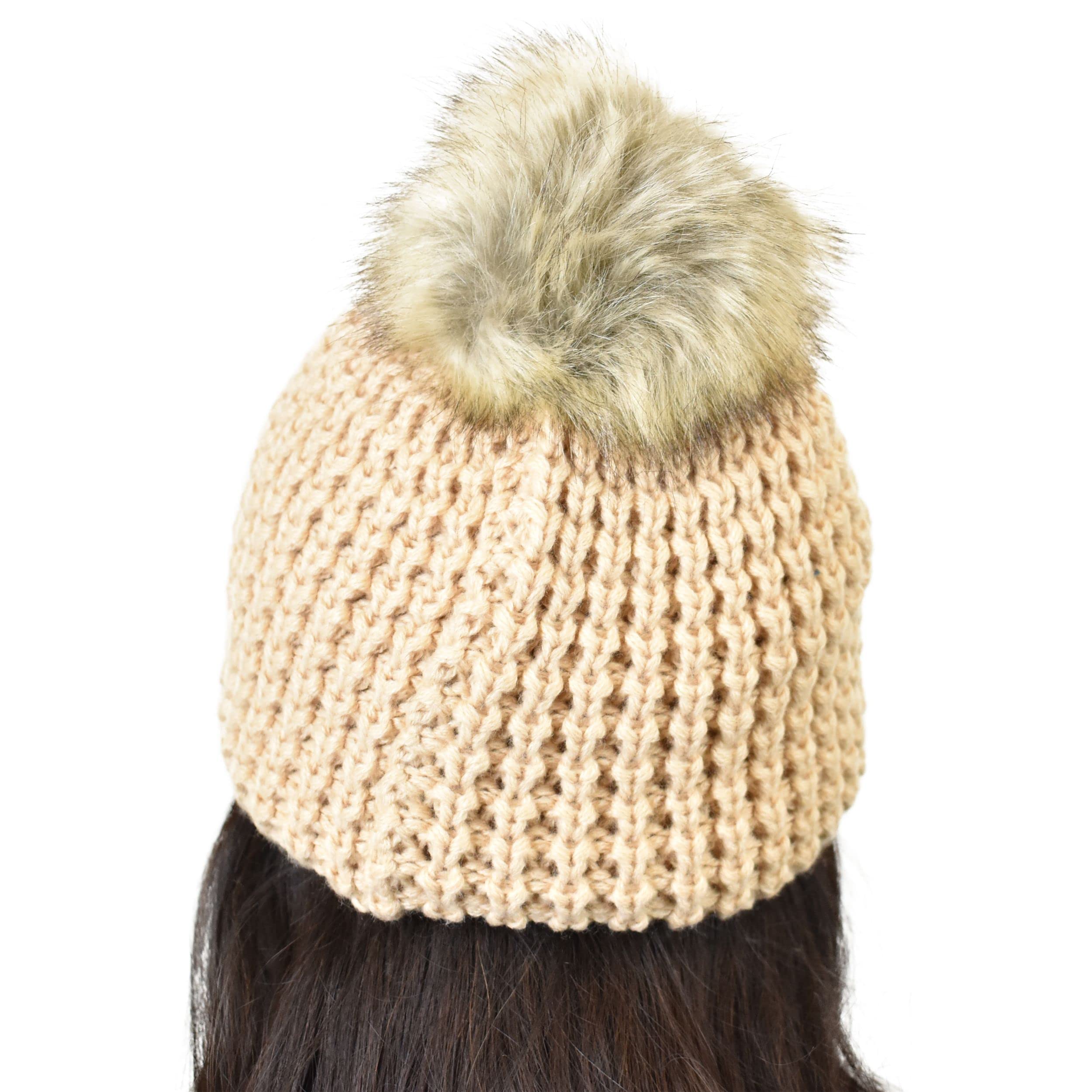 C.C Thick Waffle Knit Fleece Lined Faux Fur Pom Beanie Hat for Women - Winter Warm Fuzzy Hat for Cold Weather, Outdoor Activities & Fashion Accessories