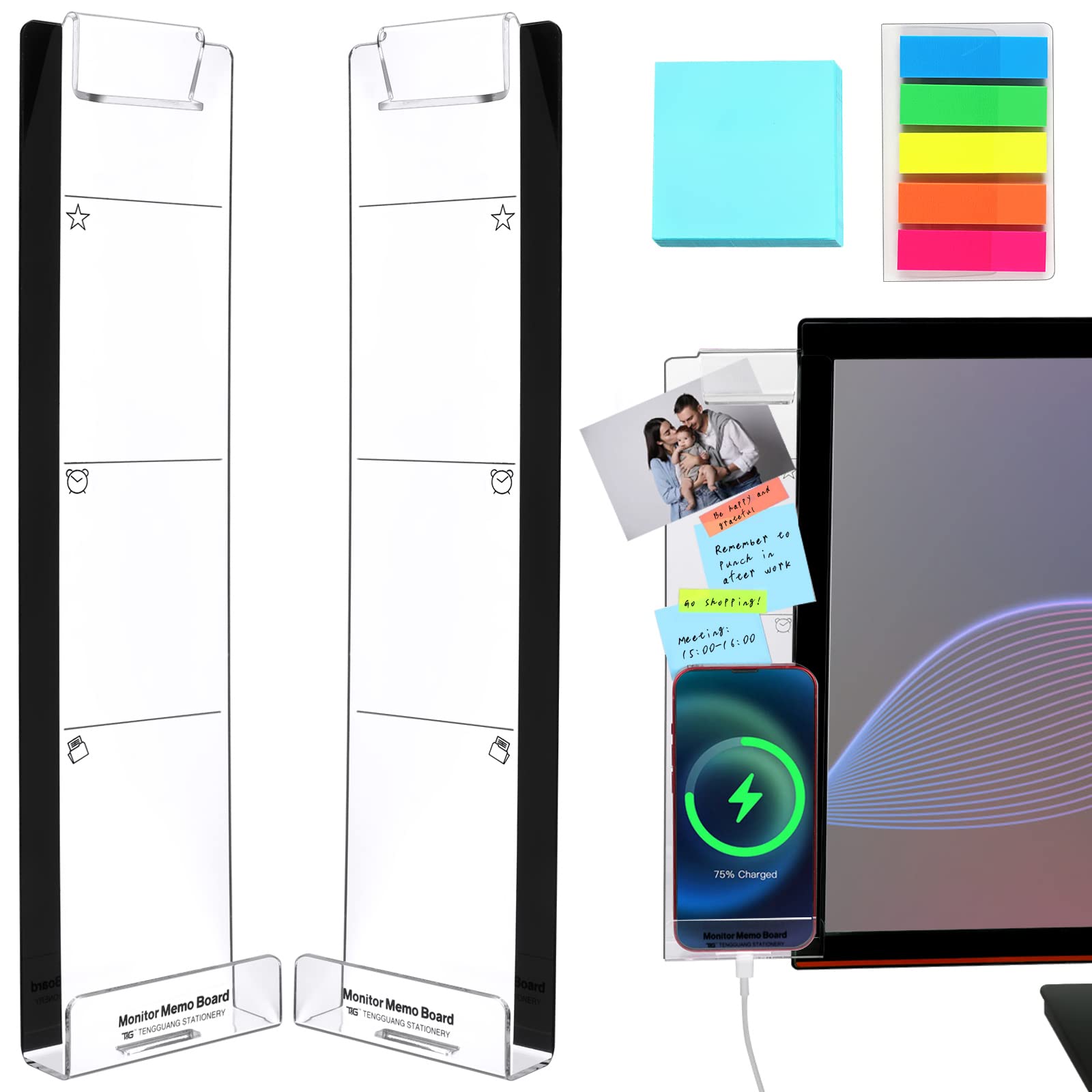 2-Pack Acrylic Monitor Memo Board with Sticky Notes - Multifunctional Computer Screen Note Holder for Office Desk Organization - Perfect for Meetings, Reminders & Task Management