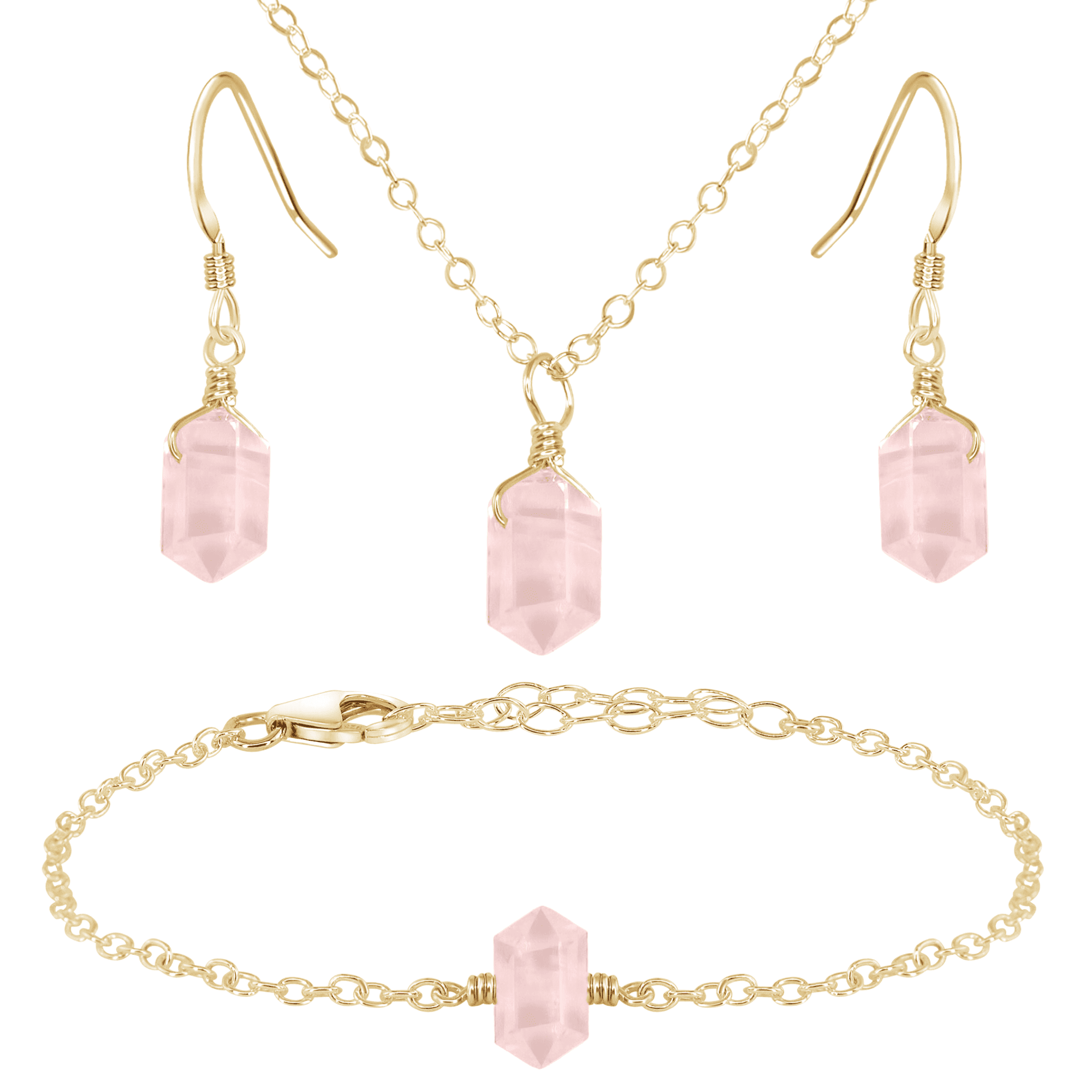 Rose Quartz Double Terminated Crystal Jewelry Set - Healing Stone Necklace & Earrings for Women - Perfect for Meditation, Energy Healing & Spiritual Gifts