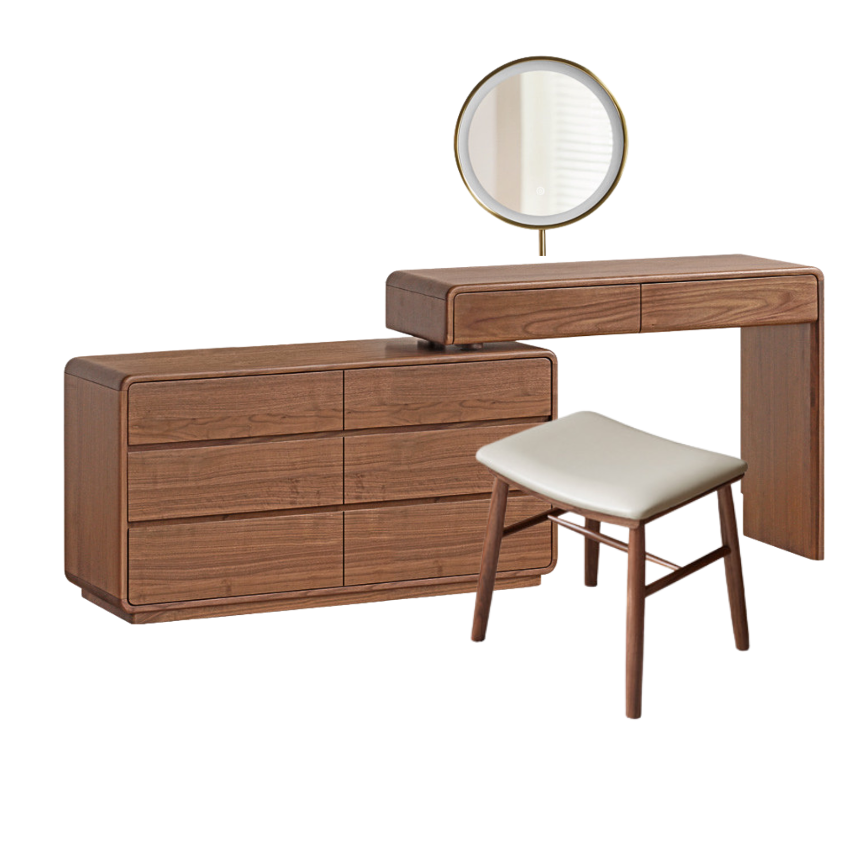 47.6x16.5x31.5 inch / 121.2x42x62 cm /  Rich dark walnut color/ six-drawer cabinet + Dressing table right + makeup stool  + makeup mirror gold