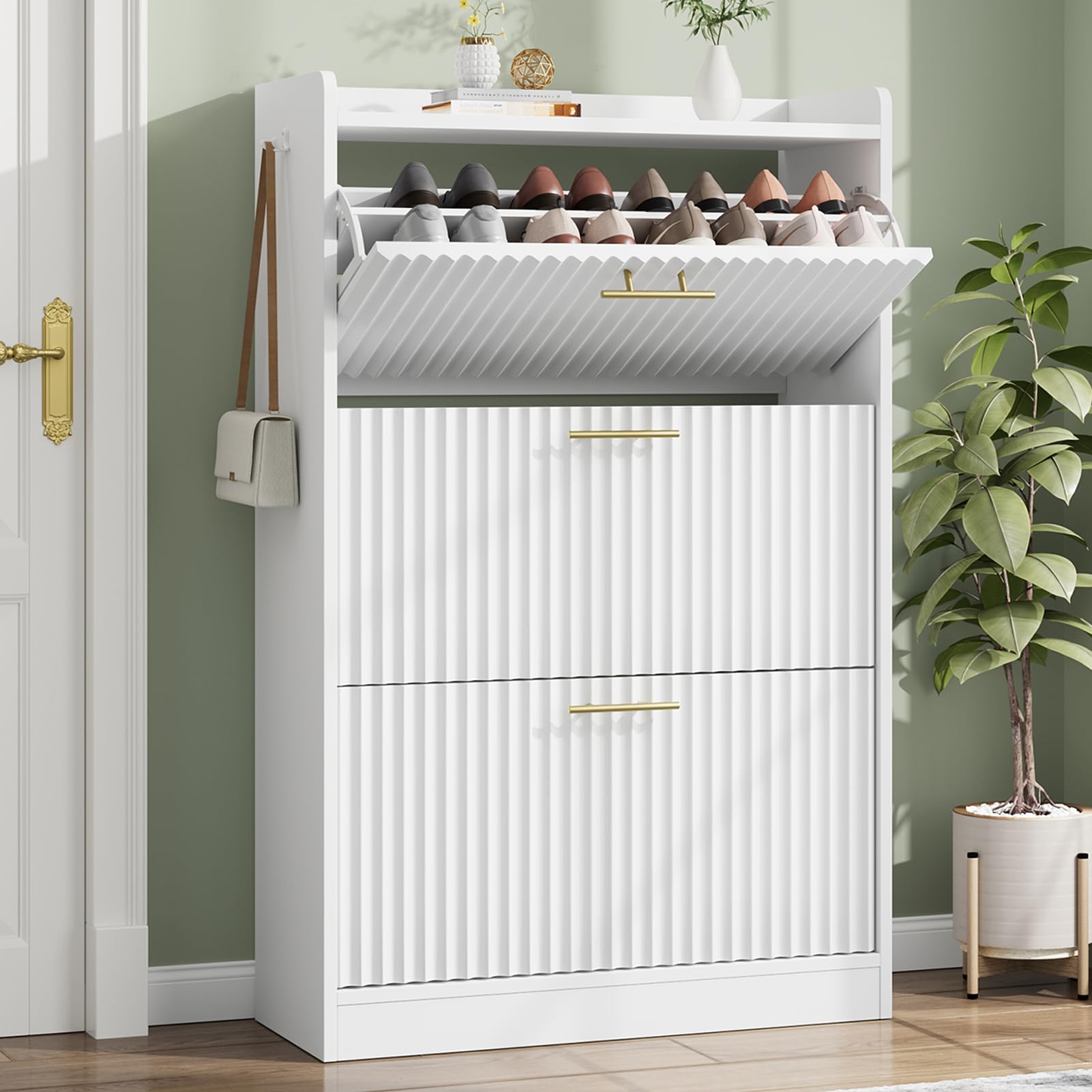 Modern Fluted Shoe Storage Cabinet with 3 Flip Drawers - Large Free Standing Shoe Organizer for Entryway, Foyer & Hallway - Hidden Shoe Rack for Home Organization (White) | Perfect for Small Spaces & Clutter-Free Living